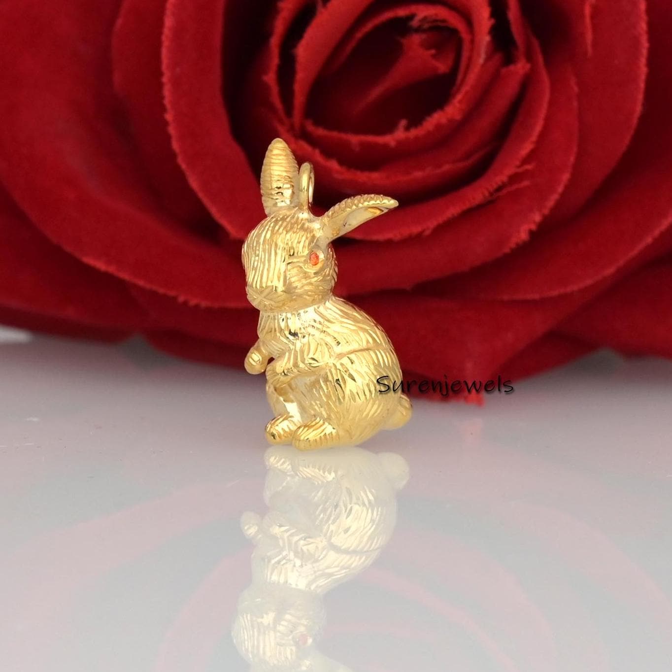 14K Gold Textured Rabbit Pendant: Animal Charm, Designer Jewelry - View 3 - Suren Jewels | SKU: SJP3466