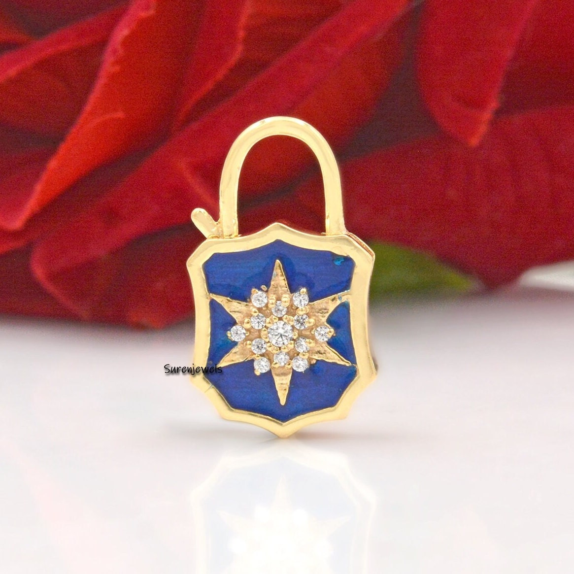 Enamel Starburst 925 Silver Padlock Pendant: Cubic Zircon Gemstone - View 2 - Suren Jewels | SKU: SJP499-SLRGELBCZ-N47-18