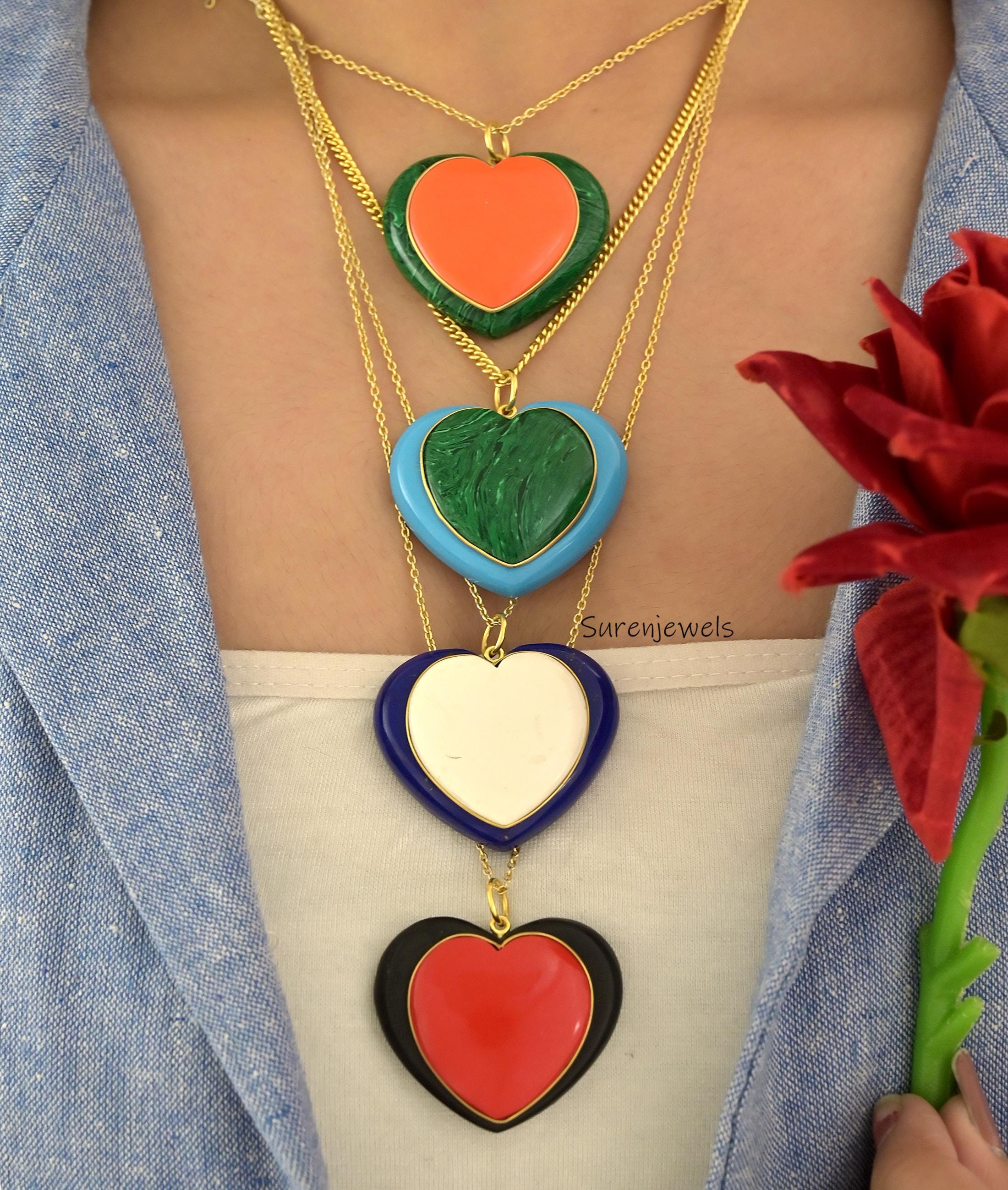 14K Gold Gemstone Heart Pendant, Double Gemstone Heart Pendant, Malachite Heart Pendant, Carving Handmade Designer Heart Pend