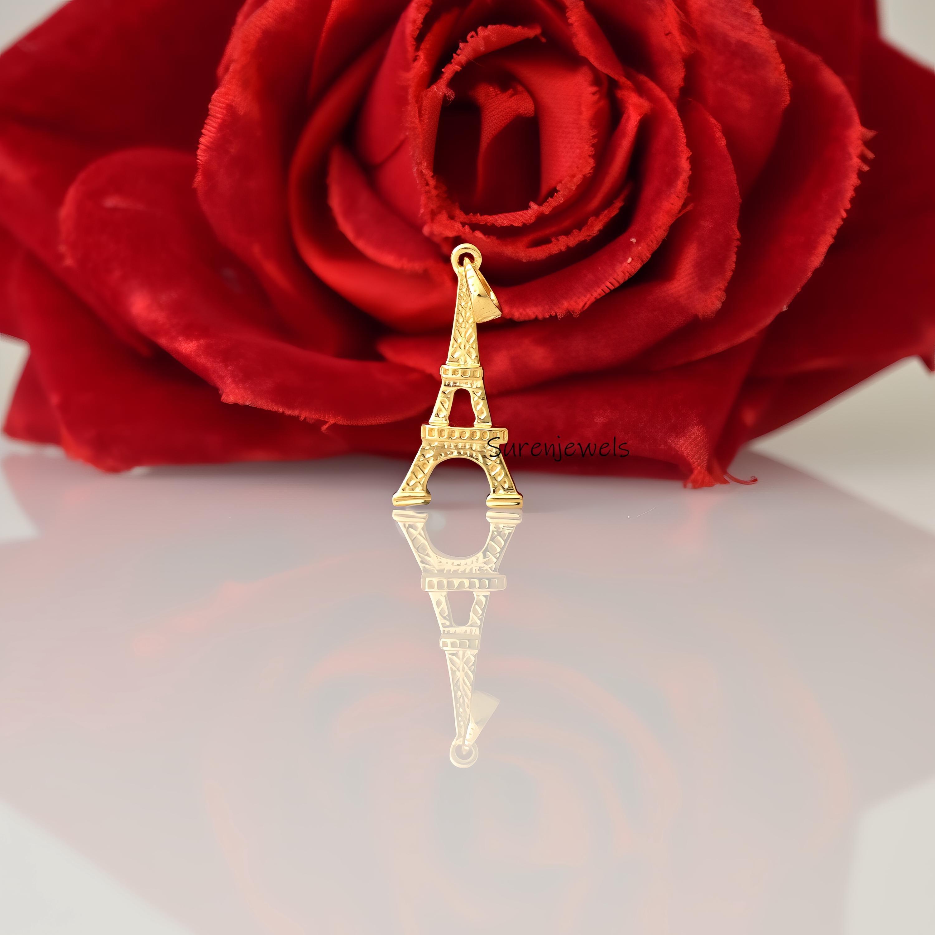 Handmade Sterling Silver Eiffel Tower Pendant, Yellow Gold Plated Symbol Of France - View 2 - Suren Jewels | SKU: etsy_handma