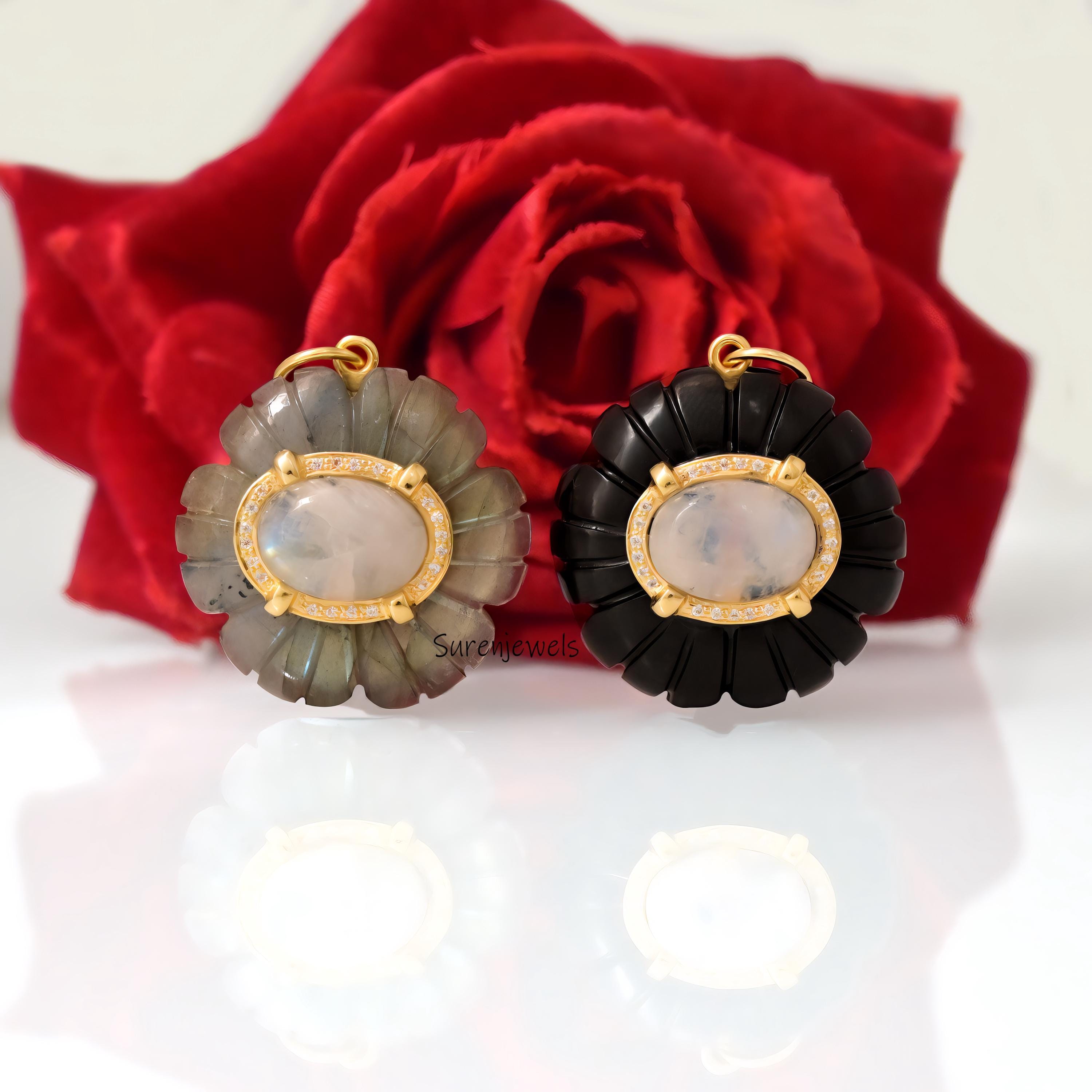 14K Gold Opal Flower Pendant: Carved Gemstone Blossom - View 2 - Suren Jewels | SKU: SJP4827-SLRGPOPEOPWCZ