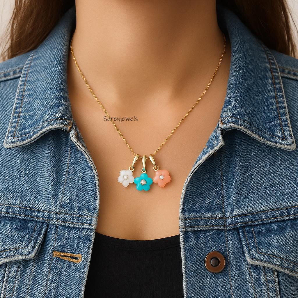 14K Gold Gemstone Flower Pendant: Carved Flower Charm - View 2 - Suren Jewels | SKU: SJP