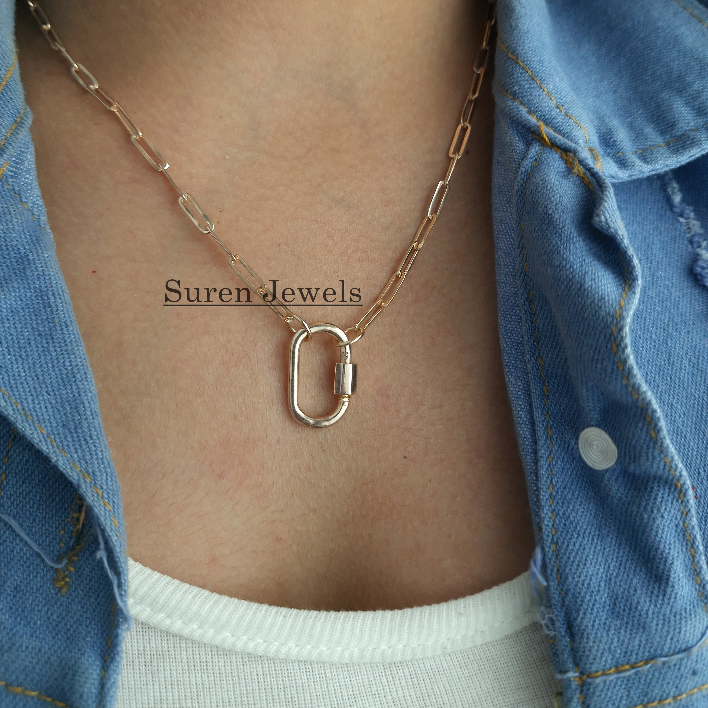 14k Gold Vermeil Carabiner Lock Necklace: Sterling Silver Link Chain - View 3 - Suren Jewels | SKU: SJC130-SLYG-N47-18I