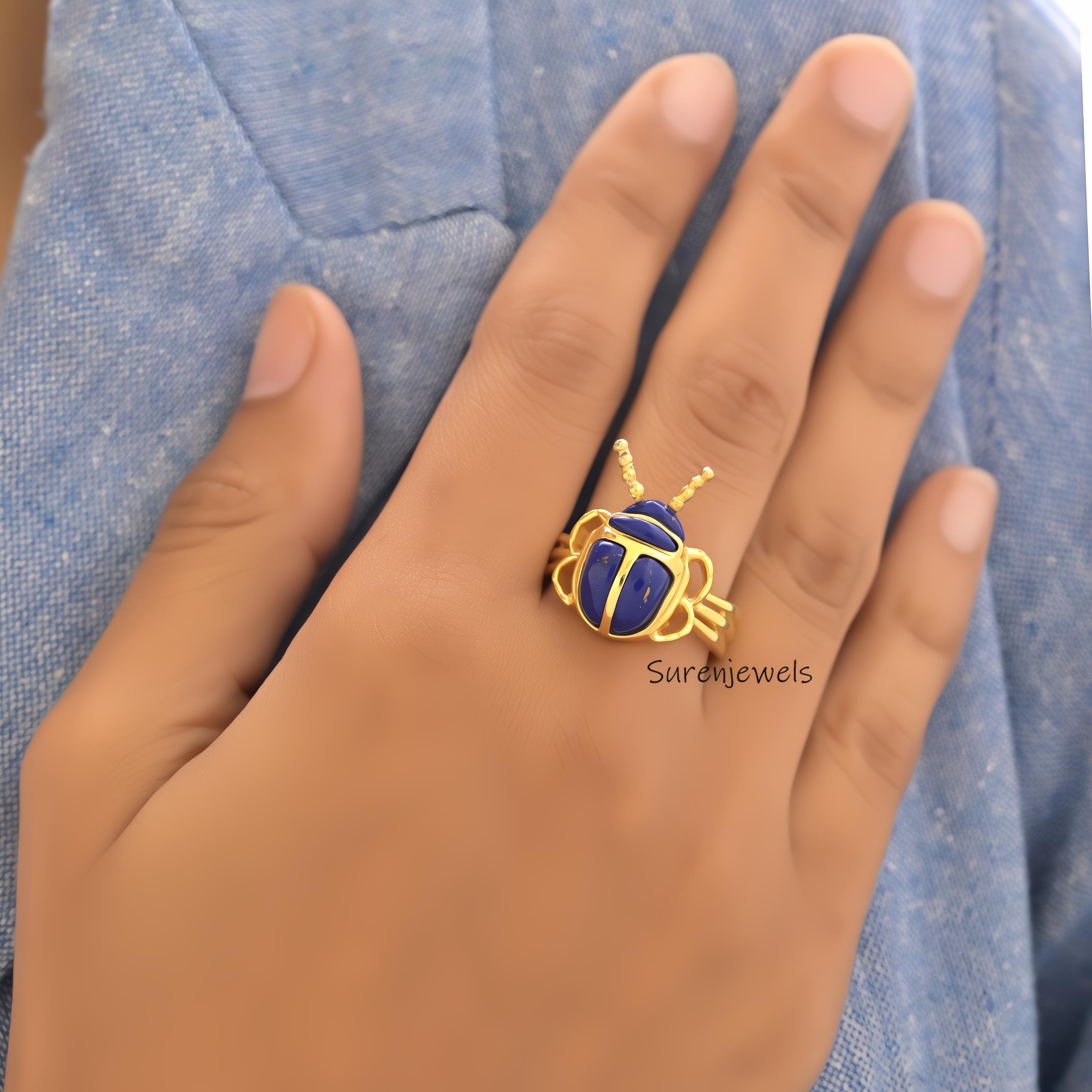 14k Gold Malachite Scarab Ring: Hand Carved Animal Ring - View 4 - Suren Jewels | SKU: SJR2927-SLYGMKBKCZ-US-8,SJR2865-SLNSMS