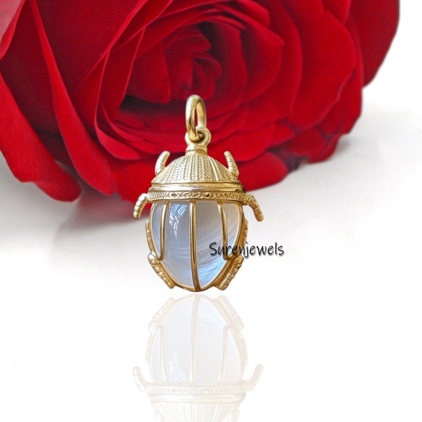 14K Gold Scarab Pendant: Hand Carved Gemstone Amulet - View 5 - Suren Jewels | SKU: SJP2550