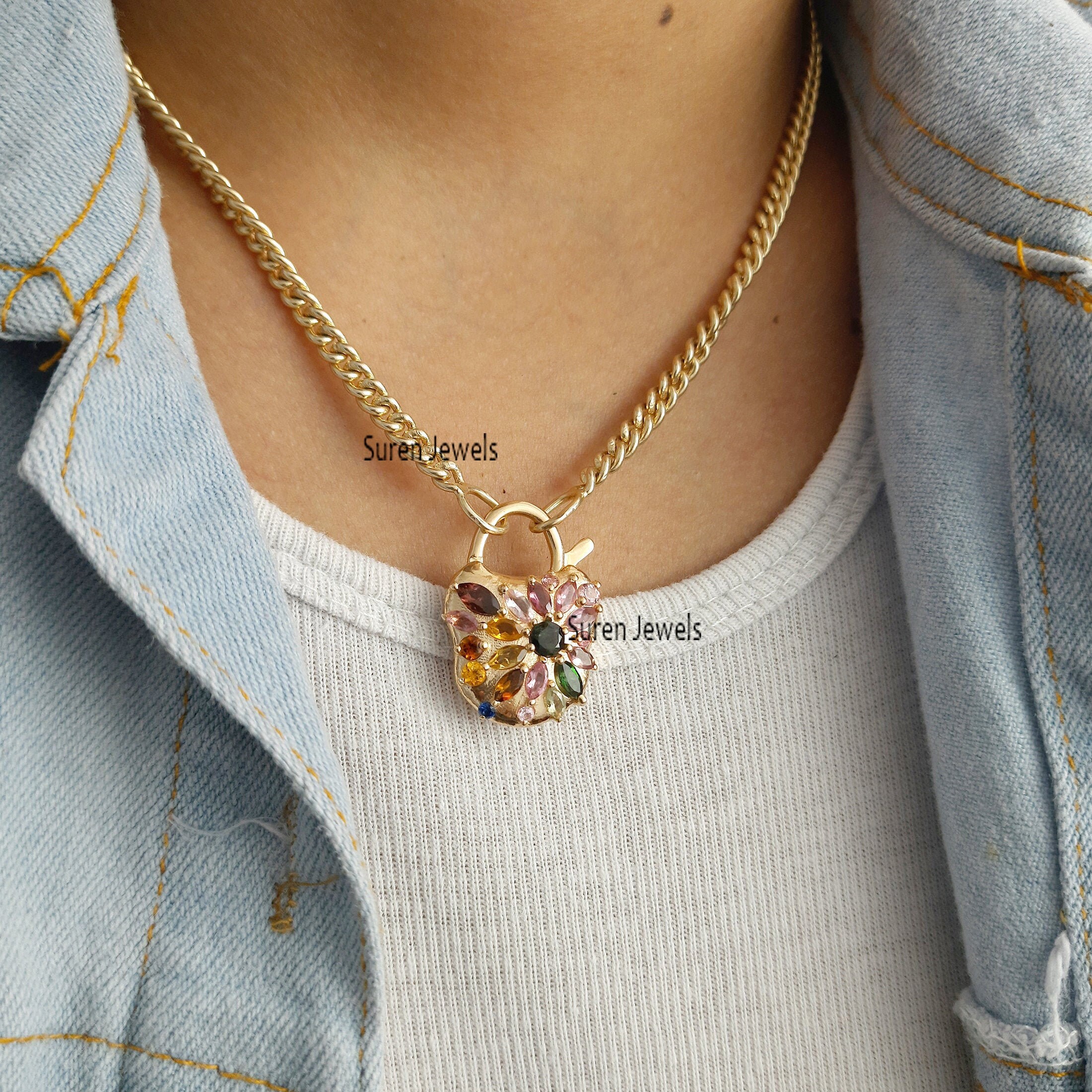 Gold Vermeil Multi Tourmaline Padlock Pendant: 925 Silver Connector - View 4 - Suren Jewels | SKU: SJP41-SLYGMTTL-N22-18I