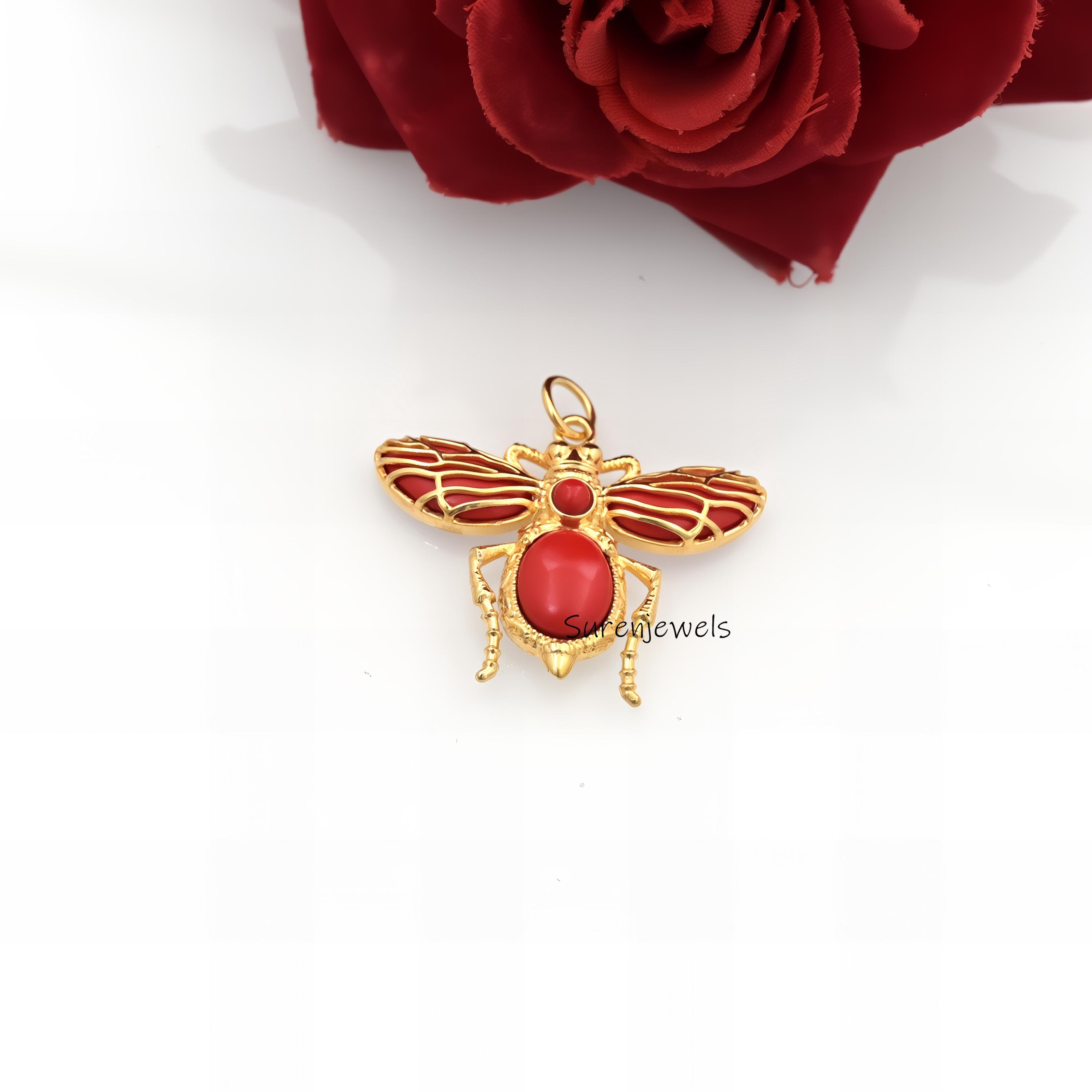 14k Solid Gold Opal Bee Pendant: Gemstone Honey Bee Charm - View 6 - Suren Jewels | SKU: SJP3864-SLYGGOP-25M,SJP4355-SLYGRCRP