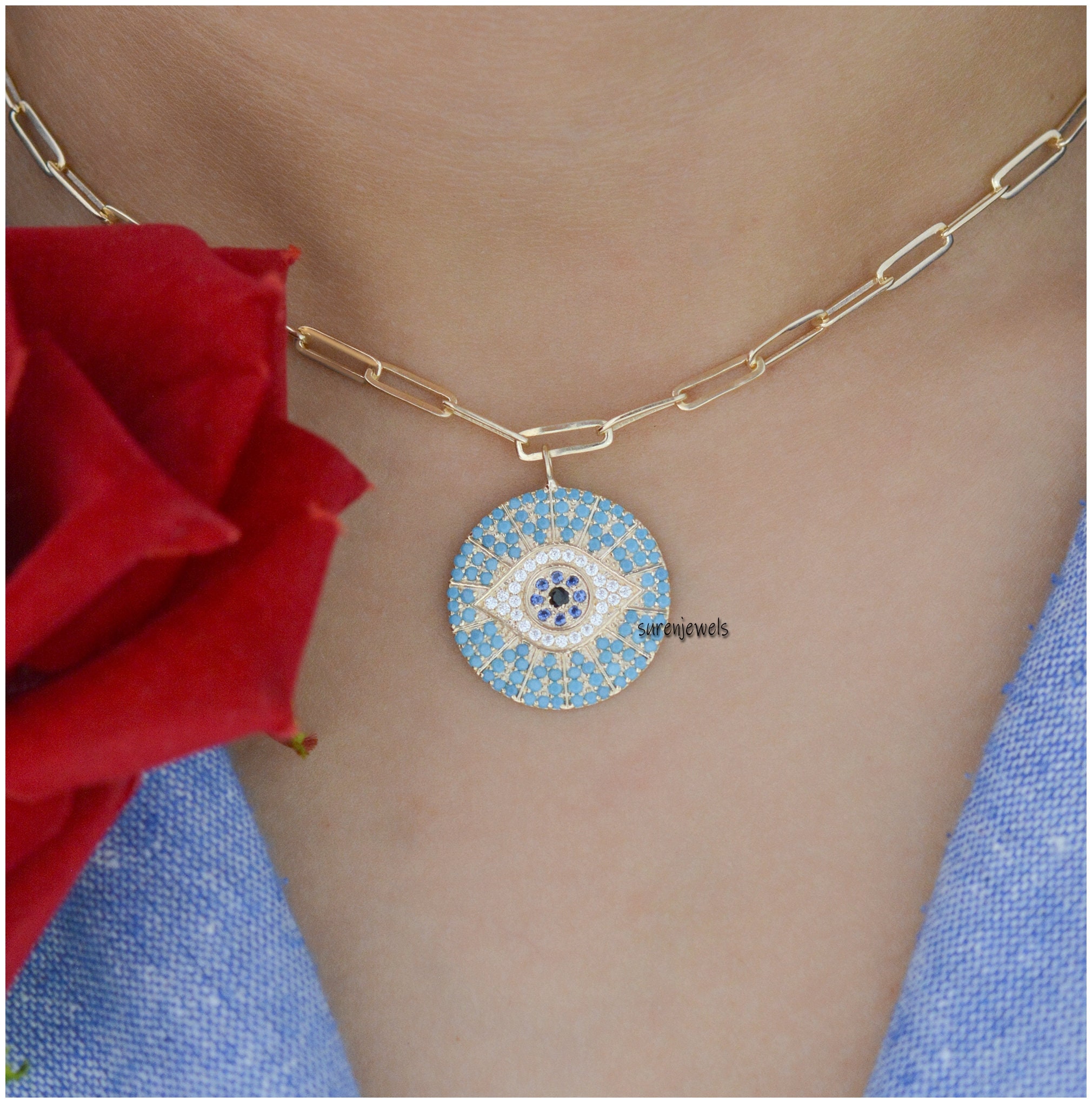 14k Gold Vermeil Turquoise Evil Eye Pendant: Cubic Zircon Pave - View 4 - Suren Jewels | SKU: SJN688-SLYGCZBSPBSTQ-18I