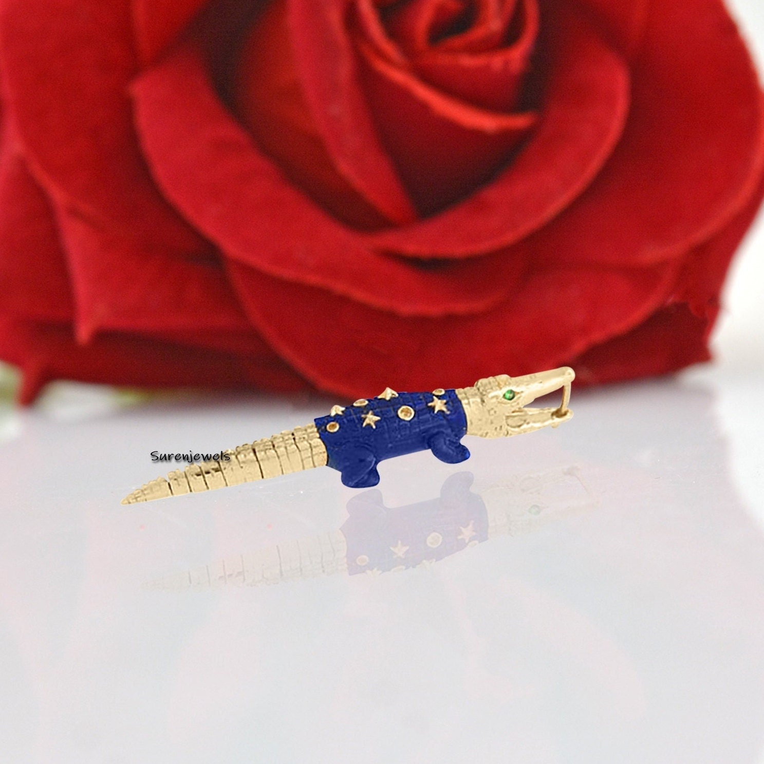 14K Gold Gemstone Crocodile Earring, Handmade Designer Alligator - View 6 - Suren Jewels | SKU: SJP1189-SLYGLPZMTCSEM