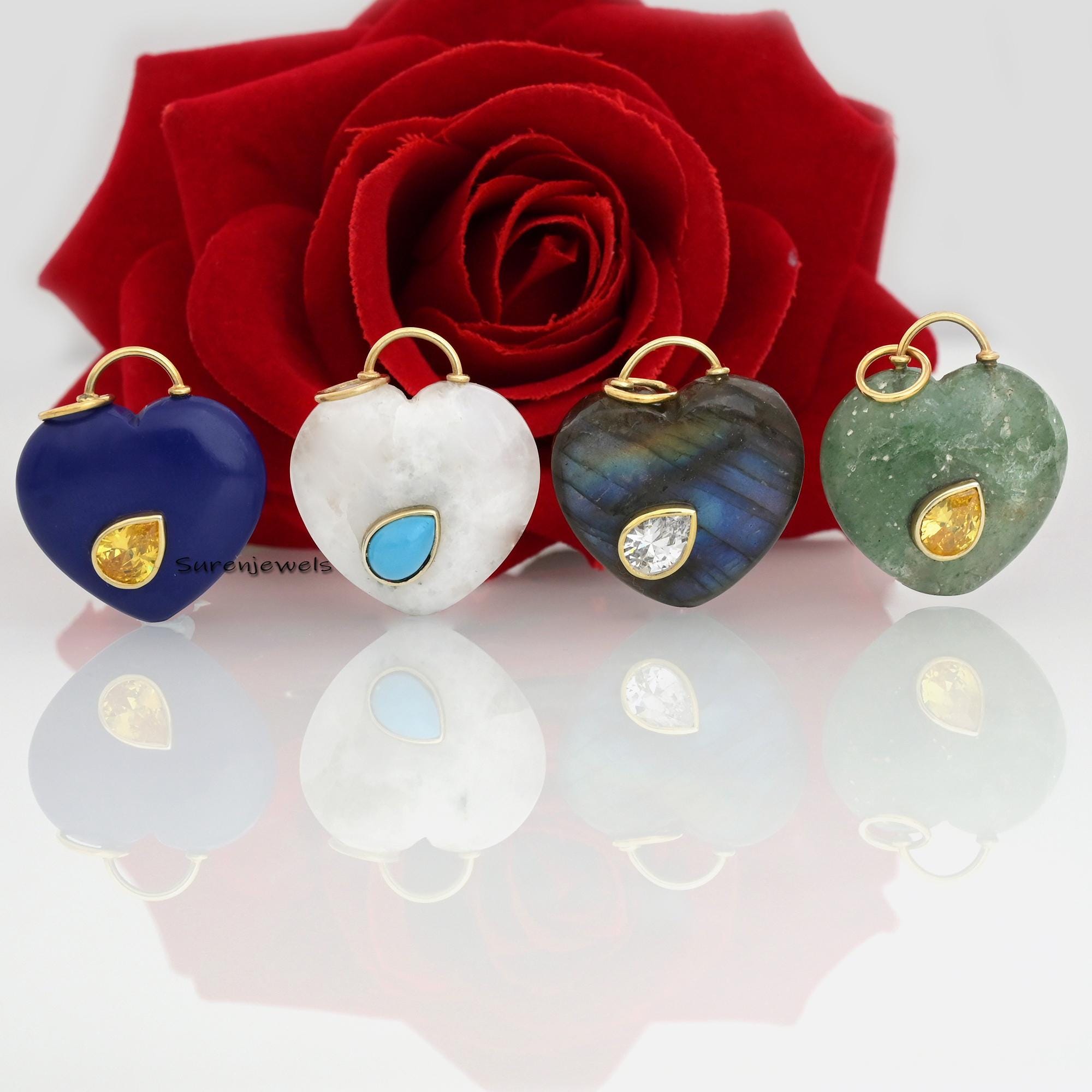 14K Gold Gemstone Heart Padlock Pendant: Handmade Padlock Design - Suren Jewels | SKU: SJP1680