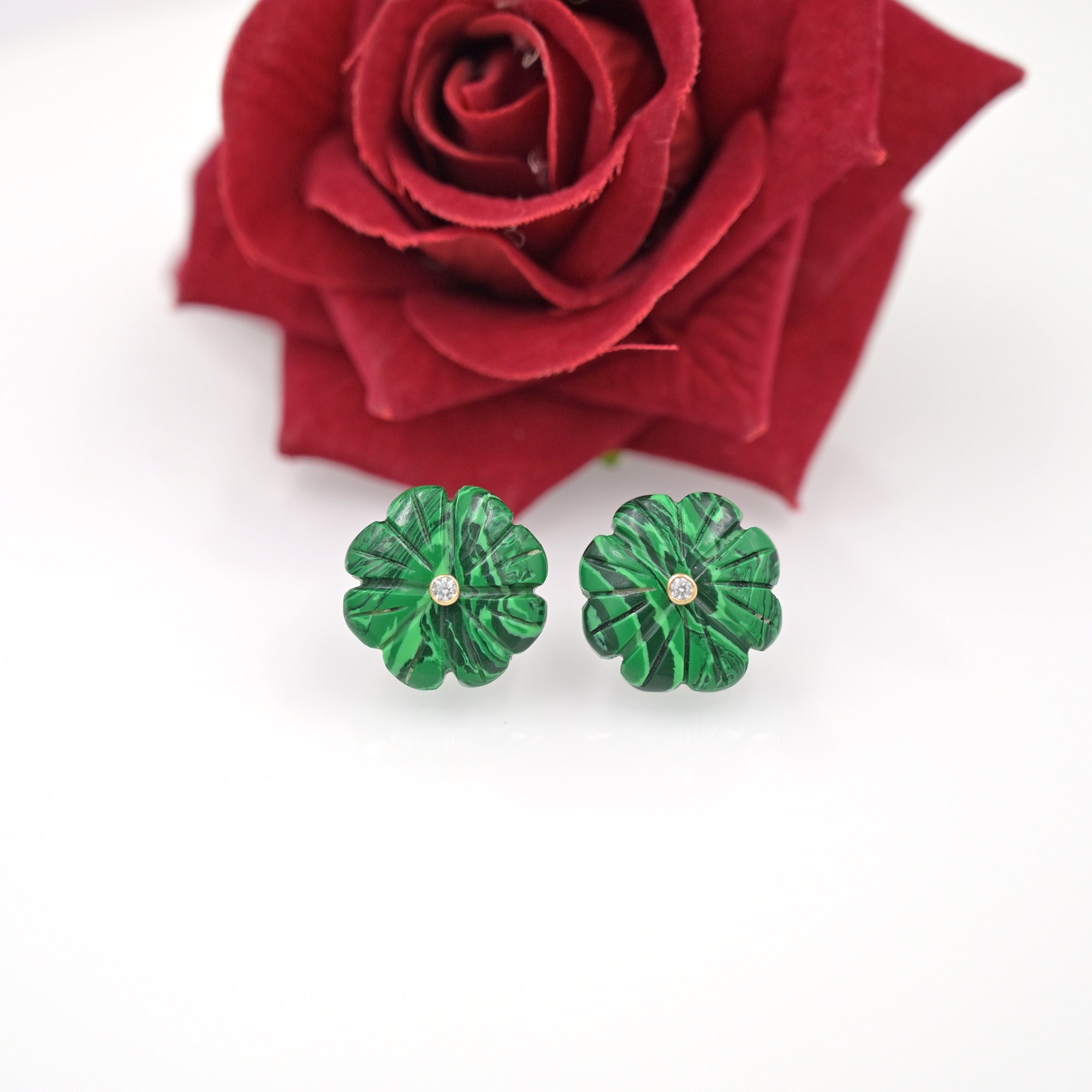 Carved Lapis Lazuli Flower Stud Earrings: Vintage Gemstone Dangle - View 2 - Suren Jewels | SKU: SJE963-14KYGAZWT-20M
