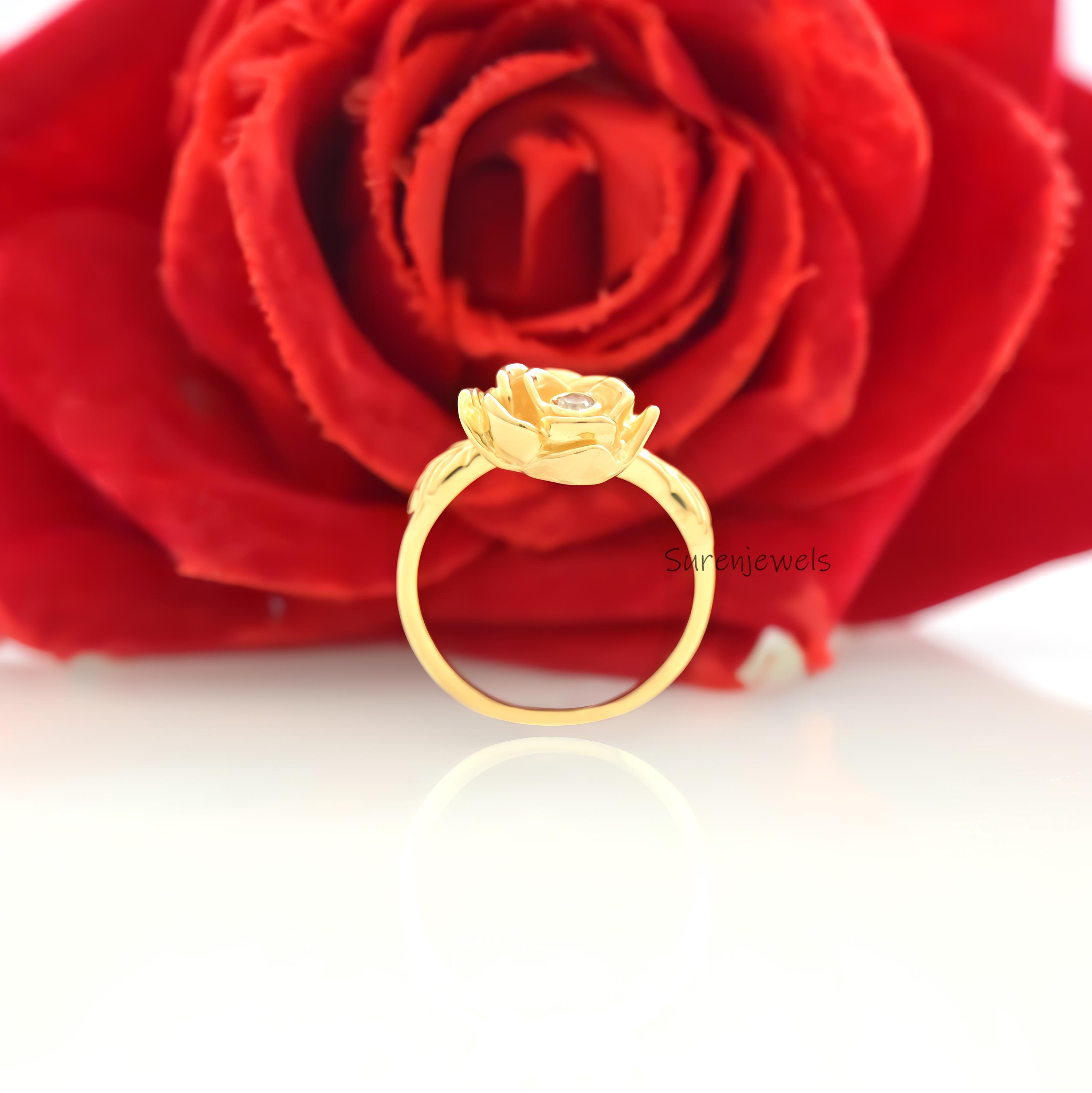 14k Gold Rose Ring: Dainty Flower Jewelry - View 5 - Suren Jewels | SKU: SJR2947-SLYGCZ-US-6,SJR2996-SLYGCZ-US-7.5