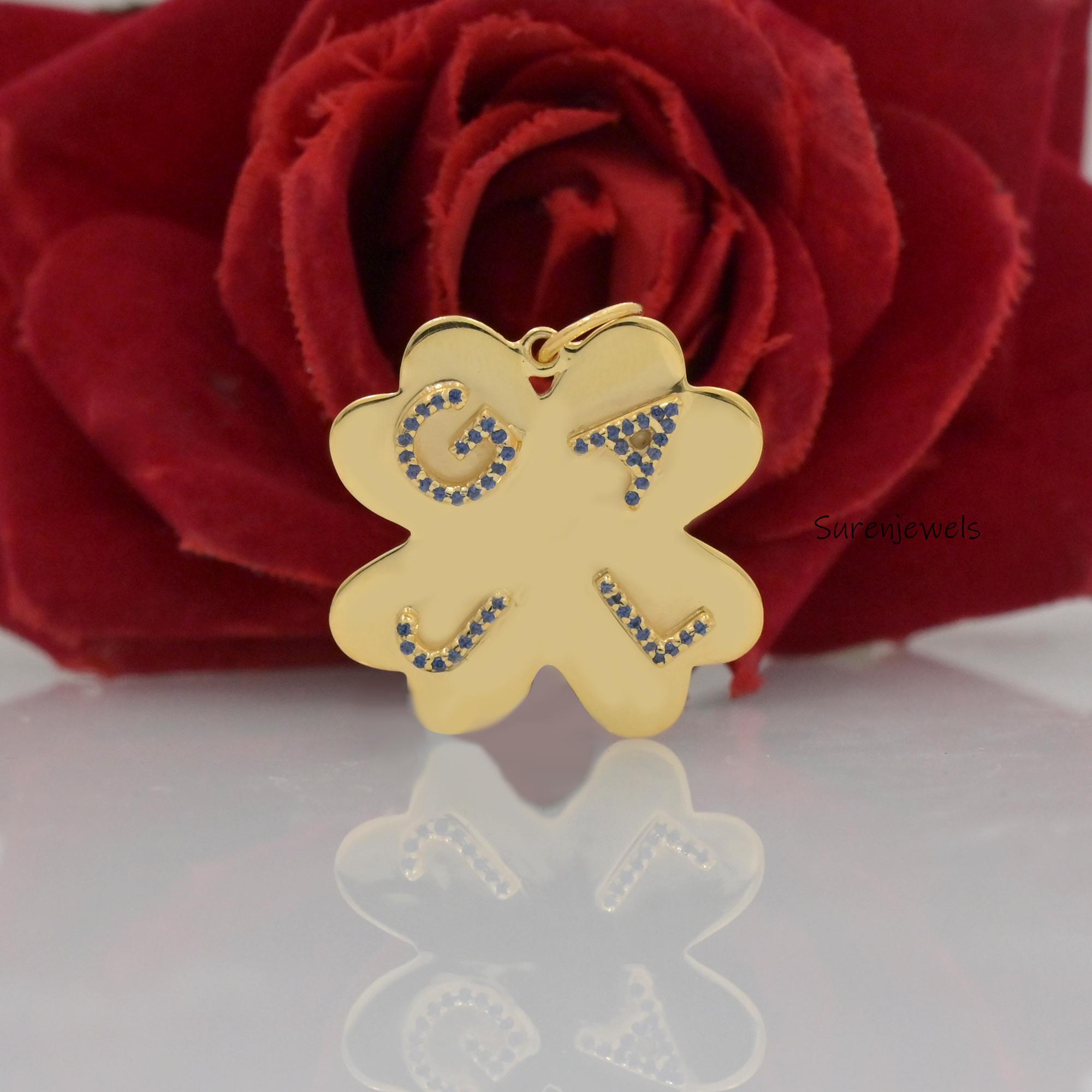 925 Silver Diamond Initial Clover Pendant 4 letter Flower - View 4 - Suren Jewels | SKU: SJP1000