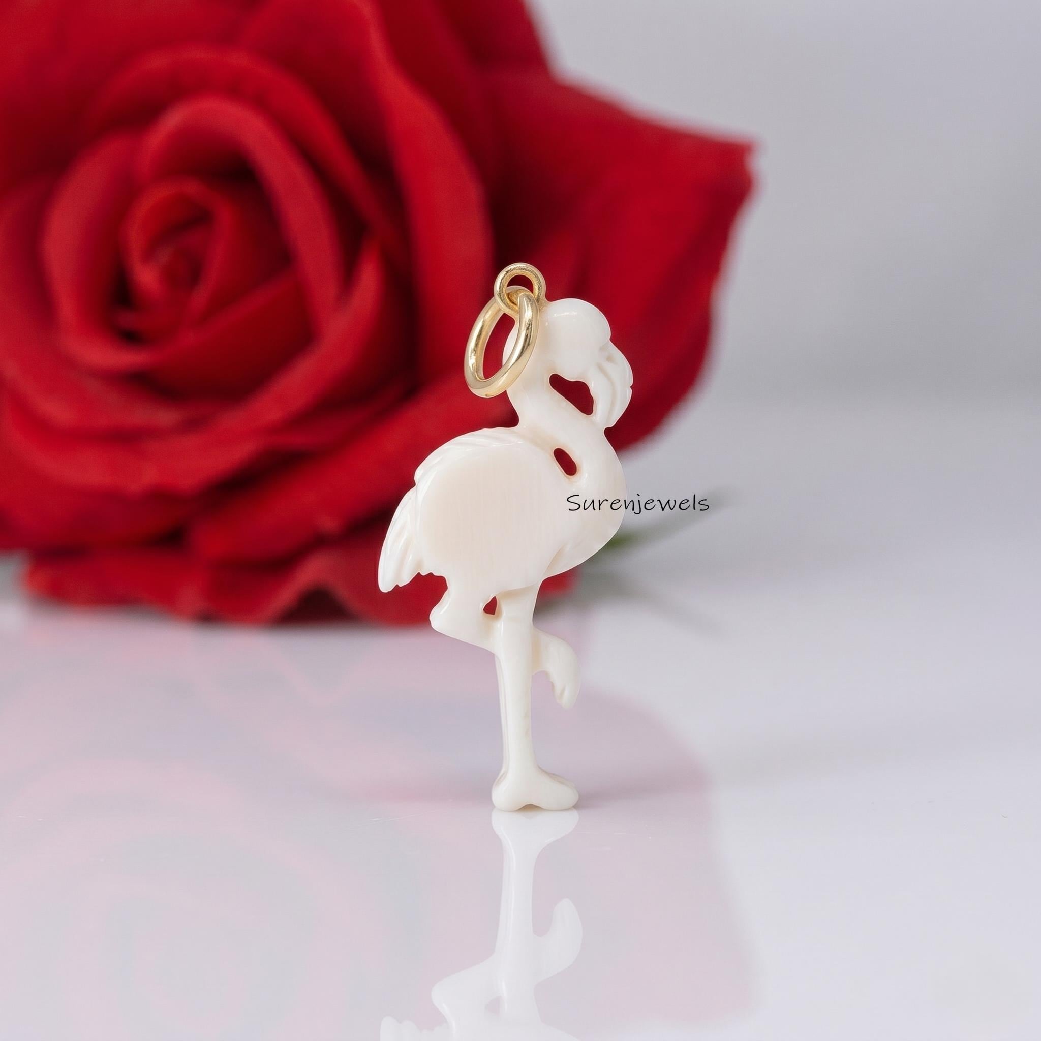 14k Gold Gemstone Flamingo pendant, Carving Flamingo Pendant, Handmade Flamingo Pendant, Animal Flamingo Jewelry, Dainty Flam