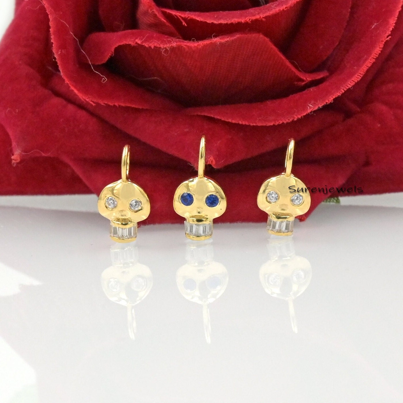 14k Gold Skull Pendant with Gemstone Eyes & Topaz Teeth - View 2 - Suren Jewels | SKU: SJP2562