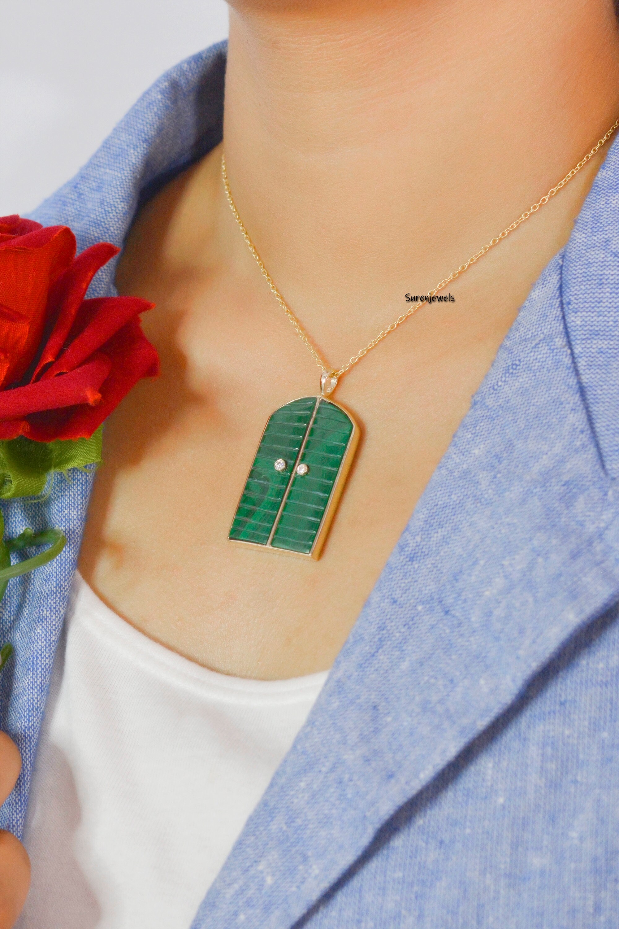 14k Gold Turquoise Door Pendant: Carved Gemstone, Handmade - View 4 - Suren Jewels | SKU: SJP1045-SLYGDITE