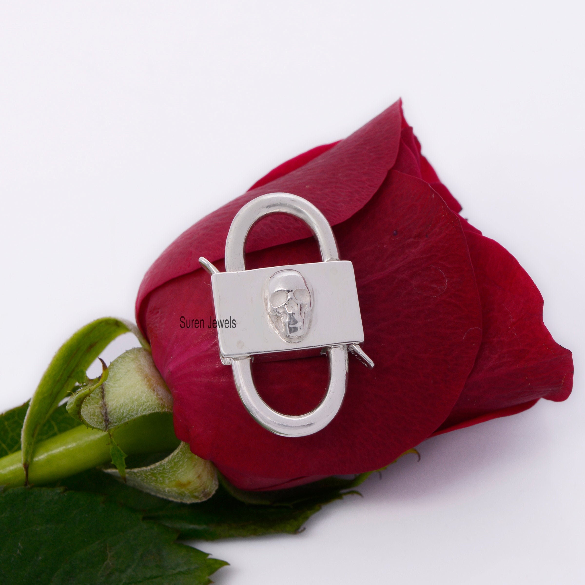 925 Silver Skull Padlock: Handmade Designer Jewelry (30x17 MM) - View 4 - Suren Jewels | SKU: SJP31-SLNS-SKL