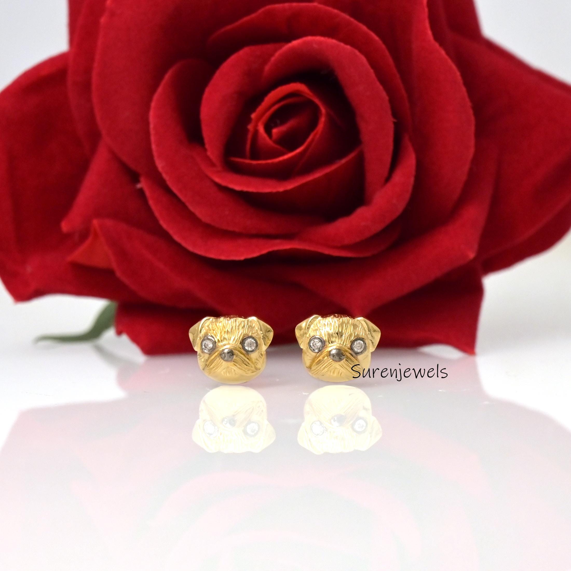 14K Gold Pug Face Stud Earrings: Animal Jewelry - Suren Jewels | SKU: SJE2036-SLYGCZELBK-10M,SJE1790-SLYGBKCZ-10M,SJE1808-SLY
