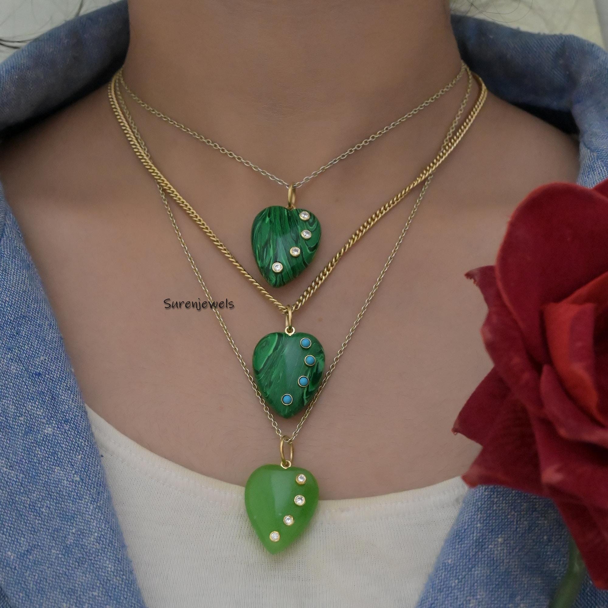 14K Gold Gemstone Heart Pendant: Turquoise, Opal, Coral, Malachite - View 3 - Suren Jewels | SKU: SJP3029-SLYGAM