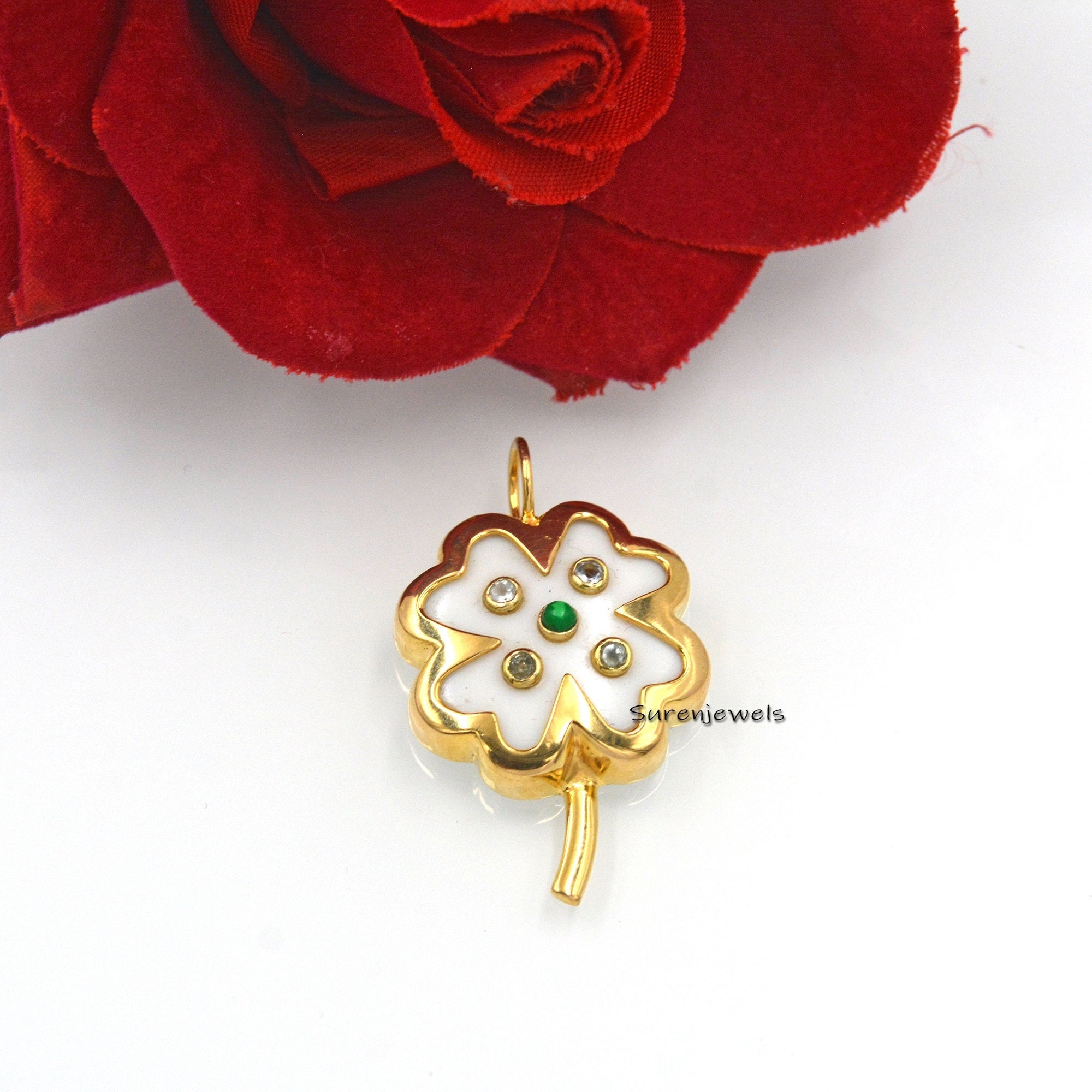 14K Gold Gemstone Clover Pendant: Gemstone Four Leaf Clover - Suren Jewels | SKU: SJP1173-SLYGTQBTMK