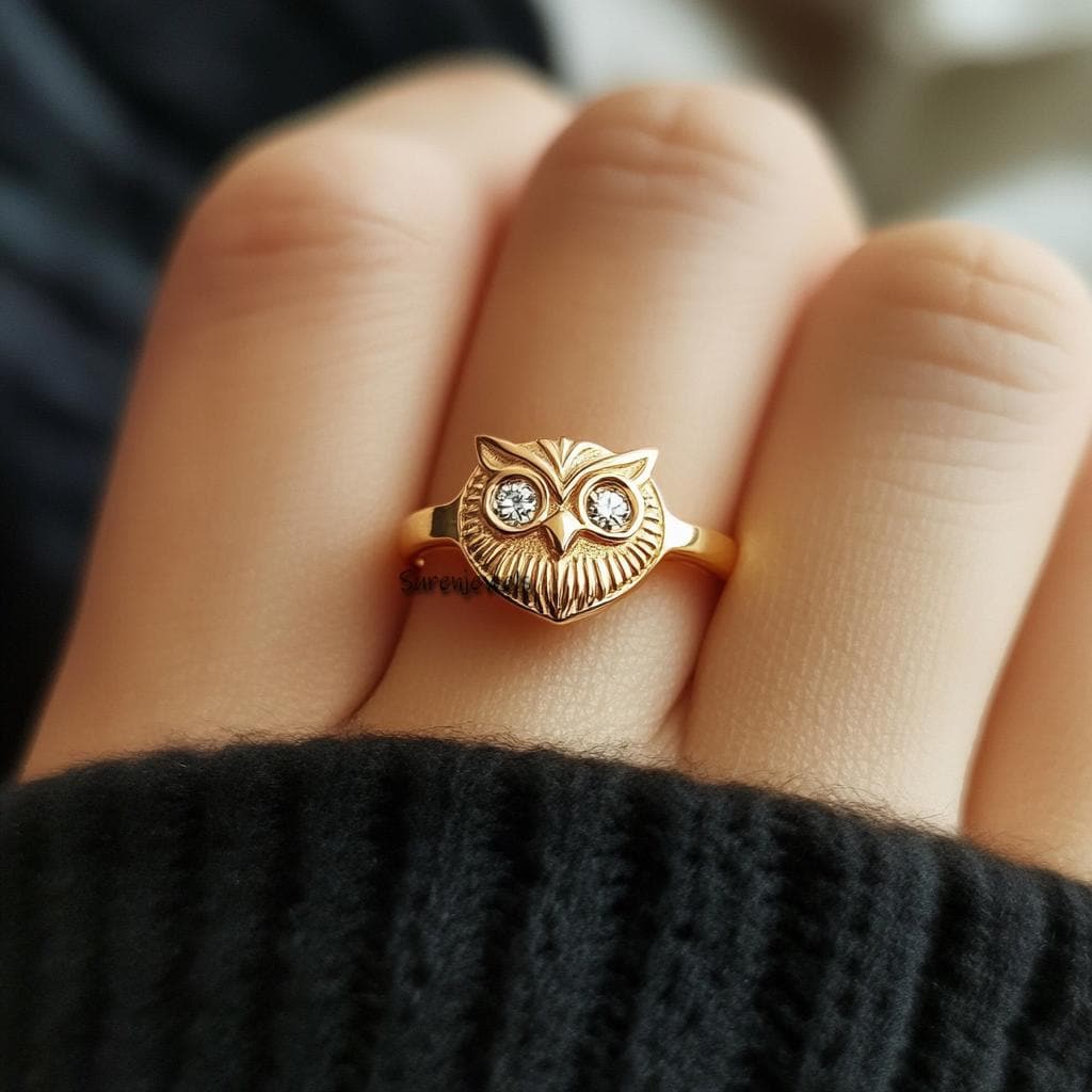 14k Gold Owl Ring: Dainty Animal Jewelry - View 5 - Suren Jewels | SKU: SJR2925-SLYGBKCZ-US-6,SJR2981-SLNSCZ-US-8,SJR
