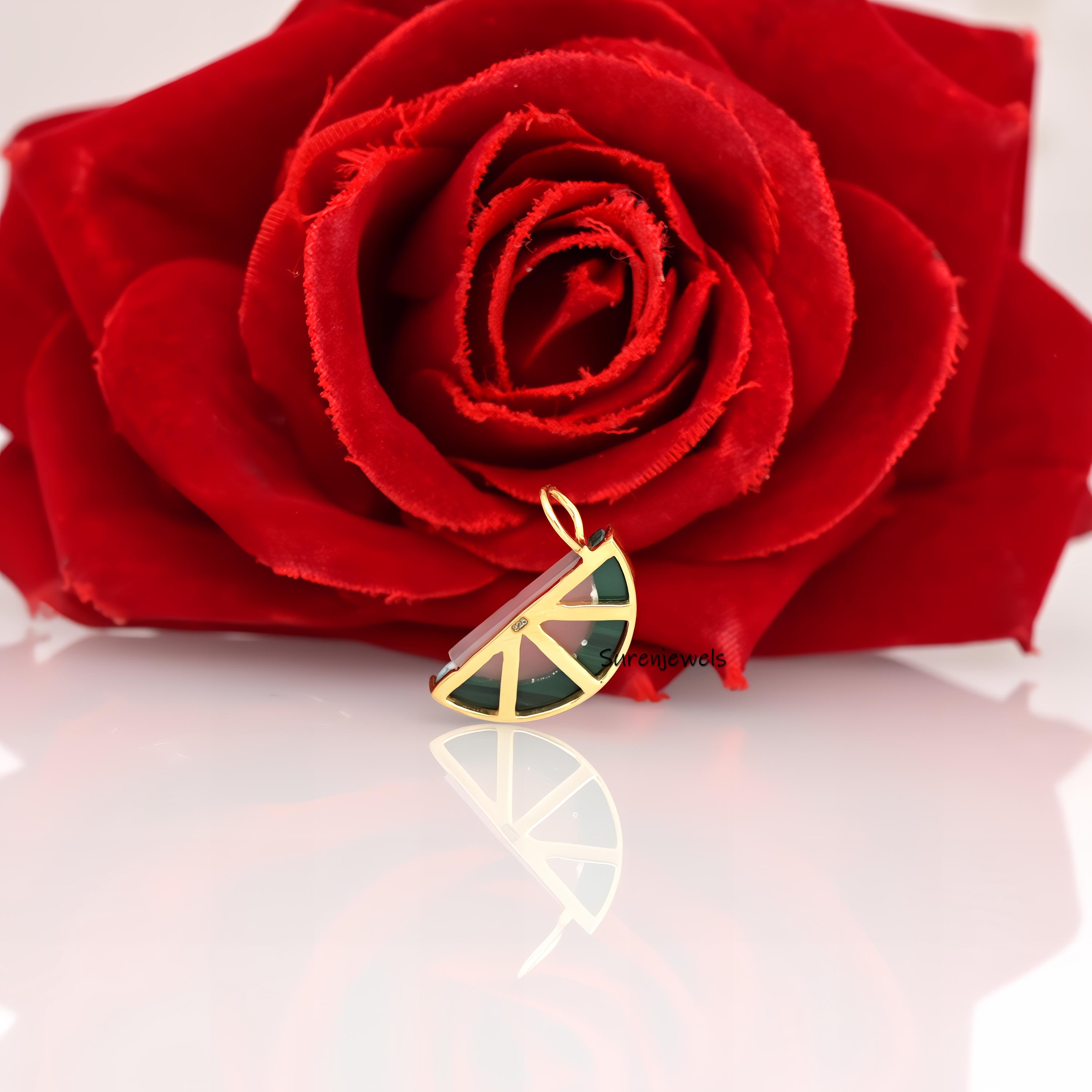 14k Gold Carved Gemstone Watermelon Pendant - View 2 - Suren Jewels | SKU: SJP1657