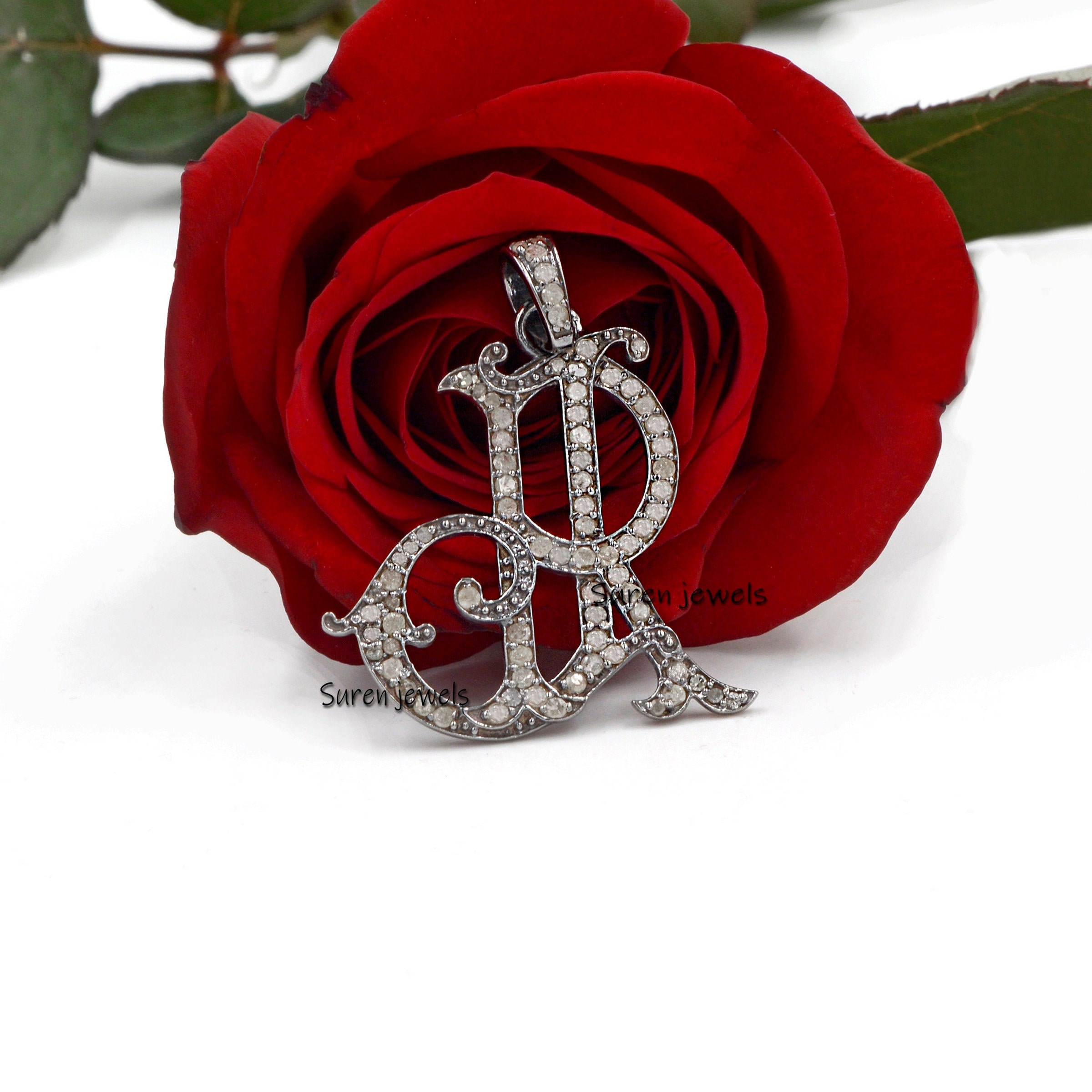 925 Silver Diamond Monogram Pendant: Custom Initial Jewelry - Suren Jewels | SKU: SJP540-SLRHDI-JR