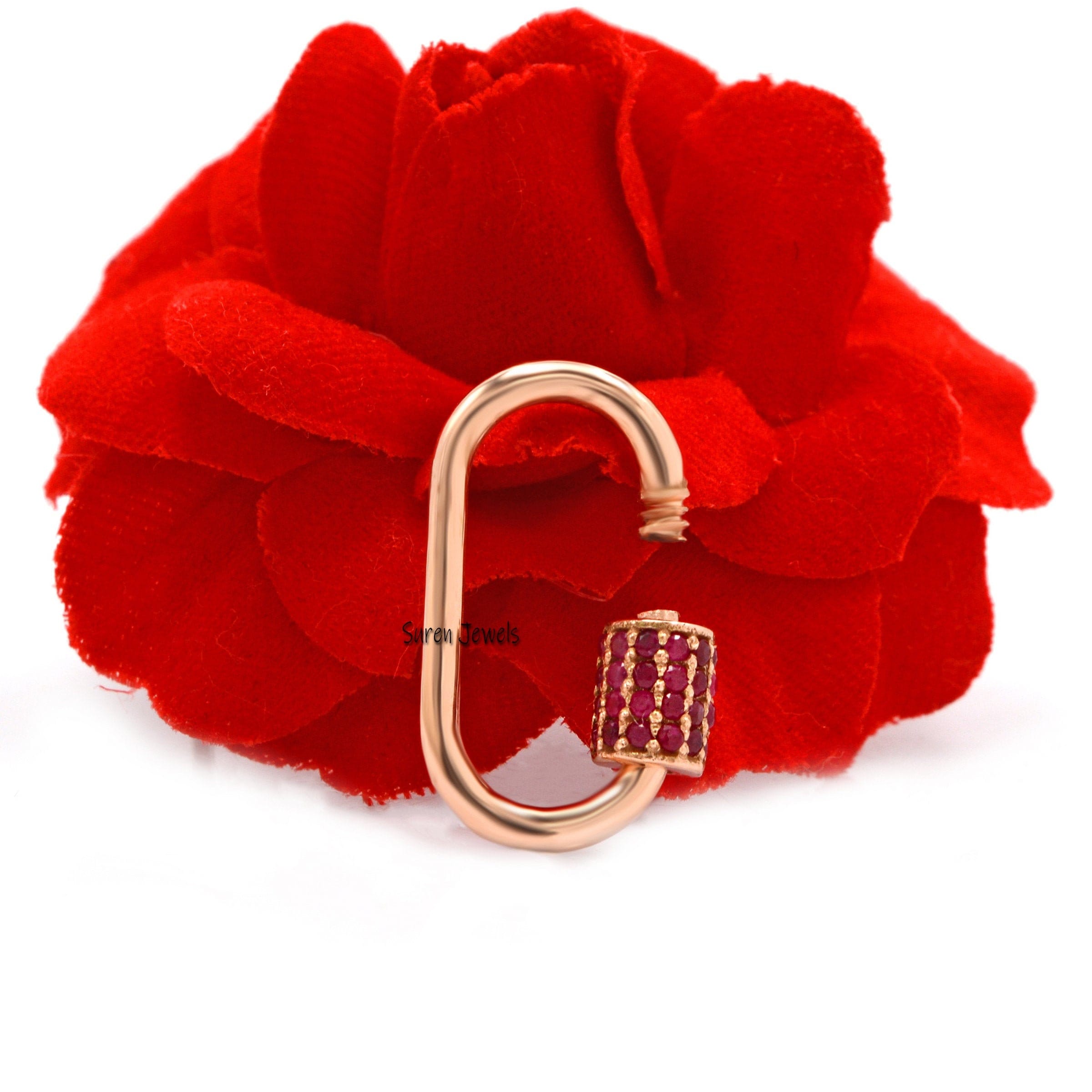 14K Yellow Gold Carabiner Lock: Pink Sapphire Gemstone Jewelry - Suren Jewels | SKU: SJC07-14KYGBS-15M-14K