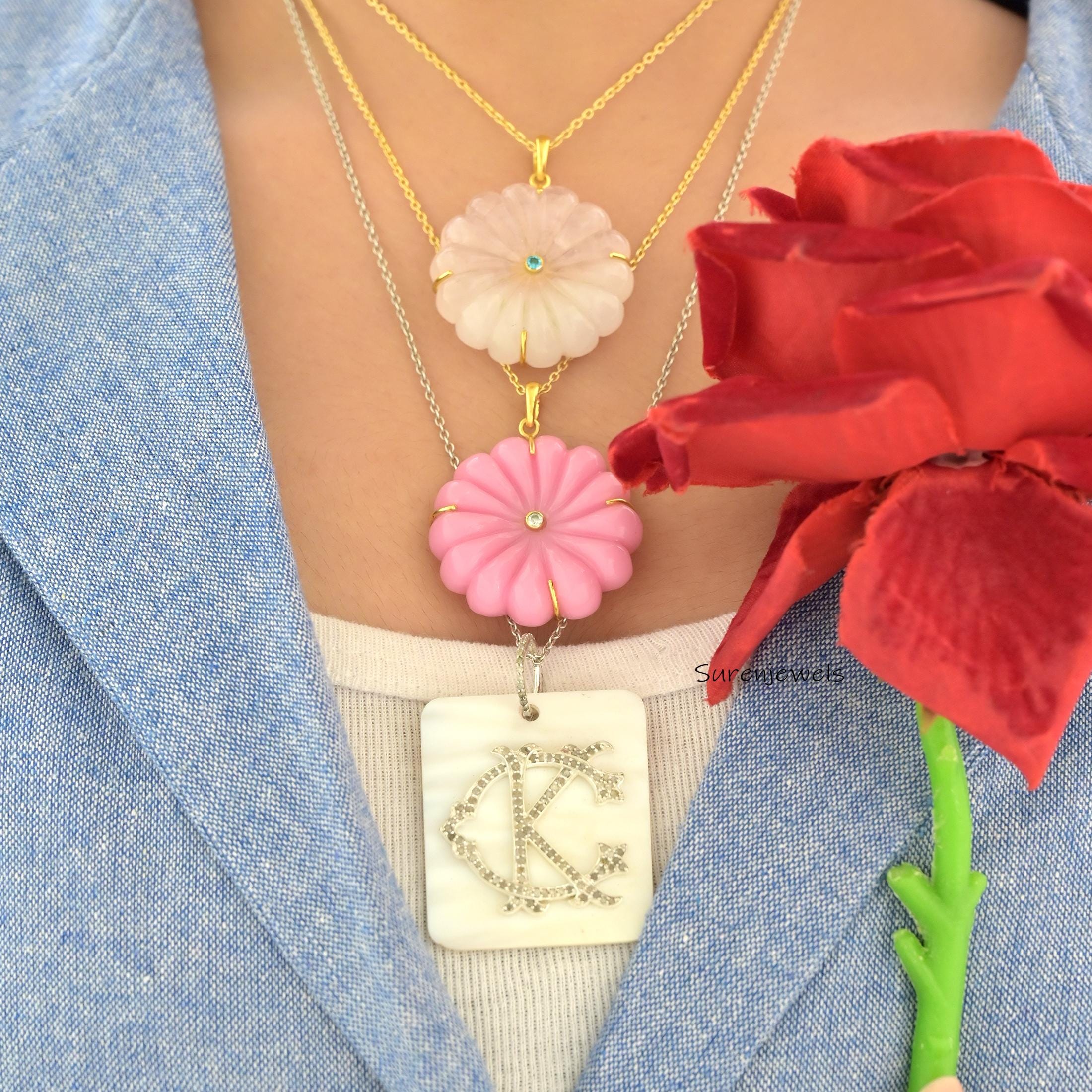 14K Gold Hand Carved Gemstone Flower Pendant - View 4 - Suren Jewels | SKU: SJP6038-SLYGRQBT-30M
