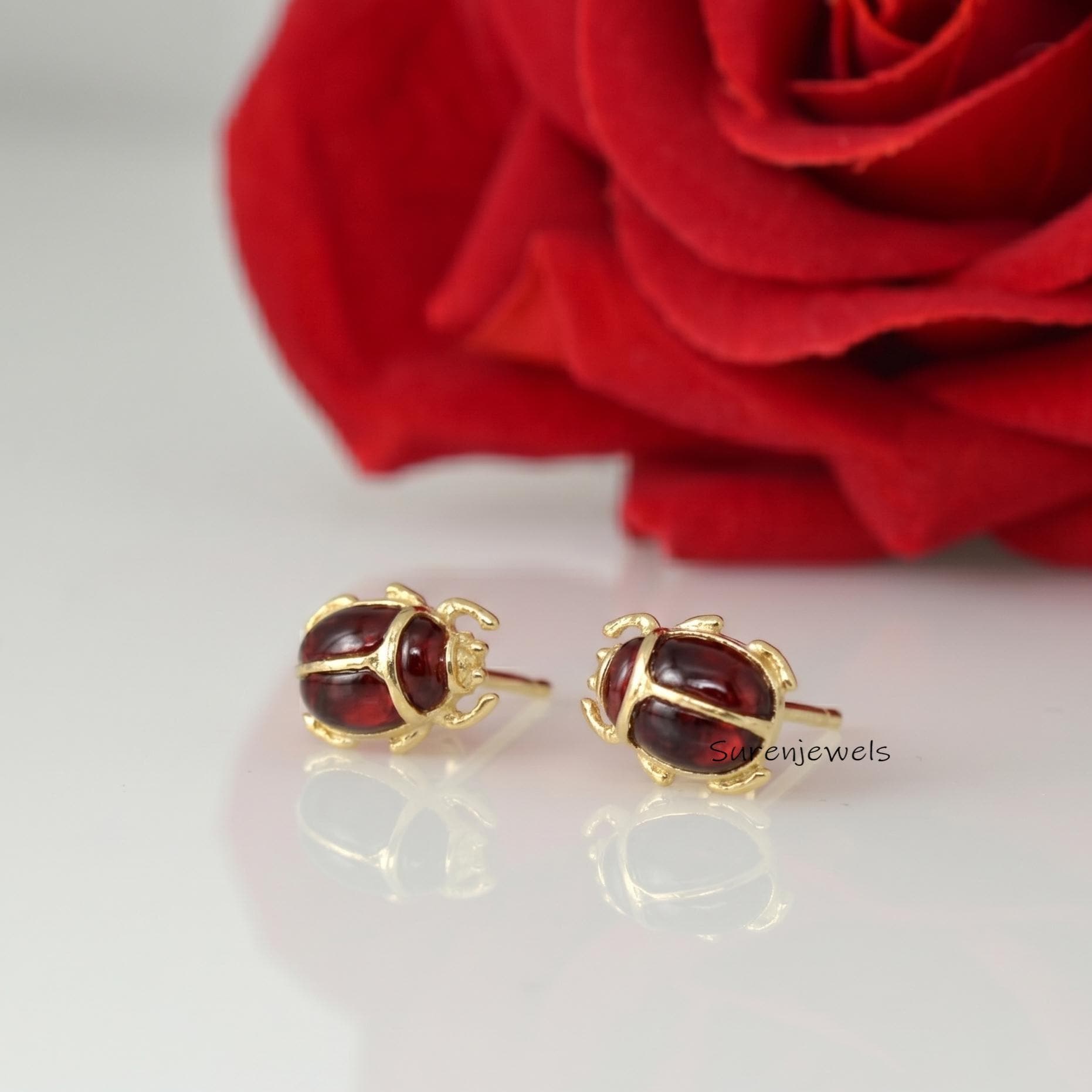 14K Gold Gemstone Small Scarab Studs, Egyptian Beetle Jewelry, Hand Carving Scarab Earrings, Carved Scarab Earrings, Scarab A