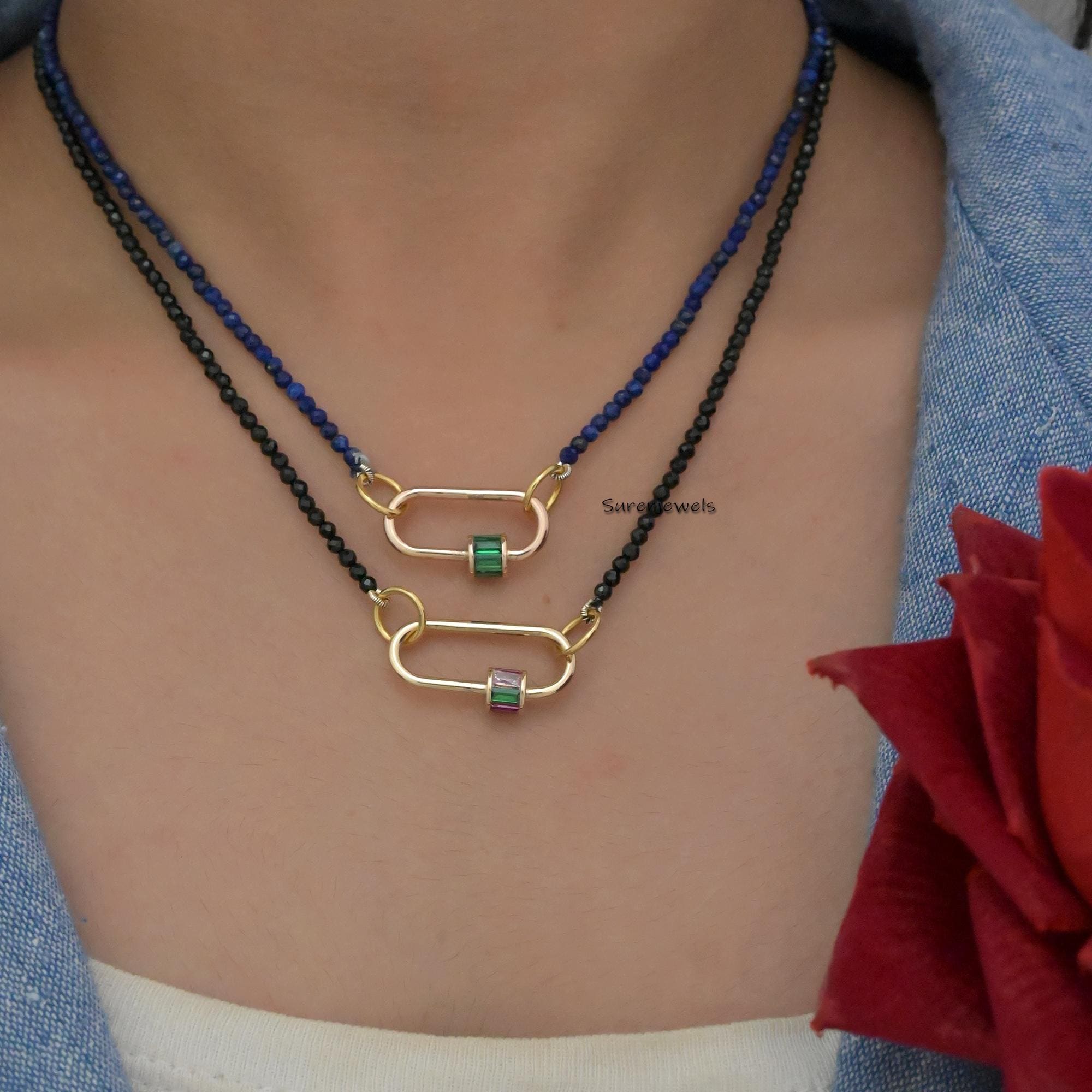 14k Gold Lapis Beads Chain Necklace: Enhancer Carabiner Chain - View 4 - Suren Jewels | SKU: SJN219