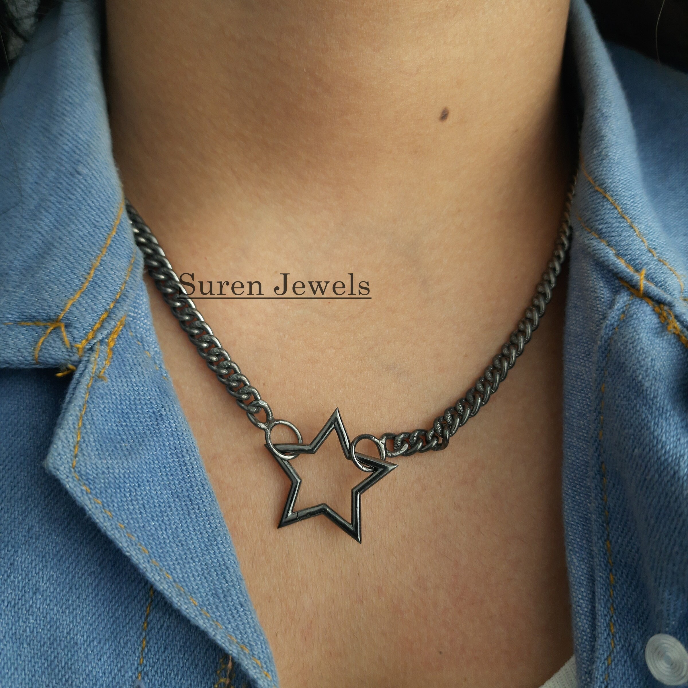 925 Silver Star Charm Holder: Clasp Link Lock Enhancer - View 6 - Suren Jewels | SKU: SJP508-SLRH-N22-18I