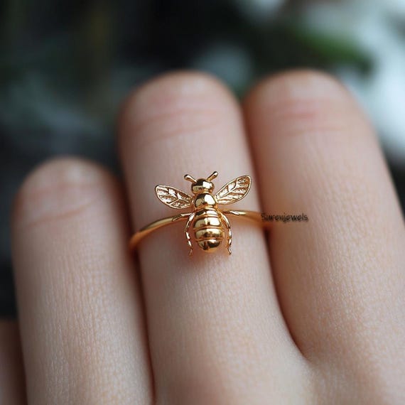 14K Solid Gold Bee Ring, Gold Honey Bee Ring, Gold Bee Jewelry