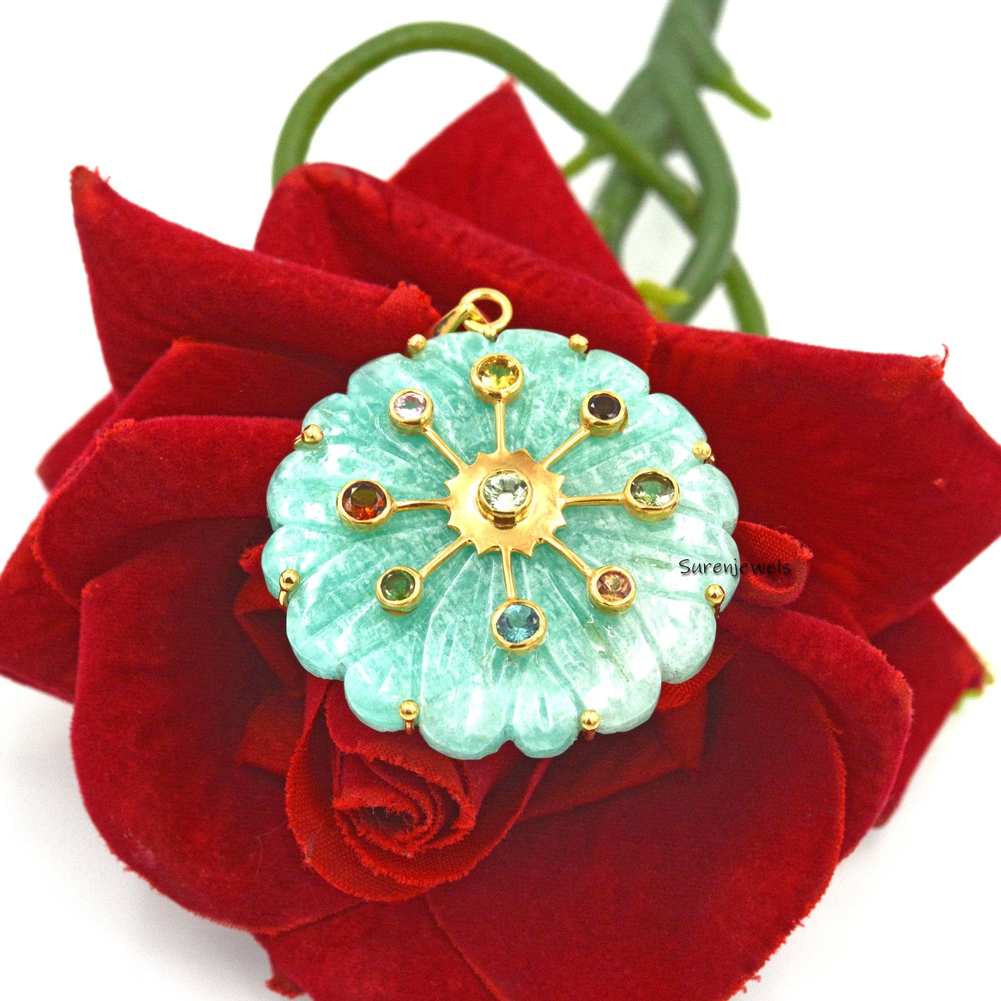 Hand Carved 14K Gold Flower Pendant: Gemstone Accent - View 2 - Suren Jewels | SKU: SJP1601