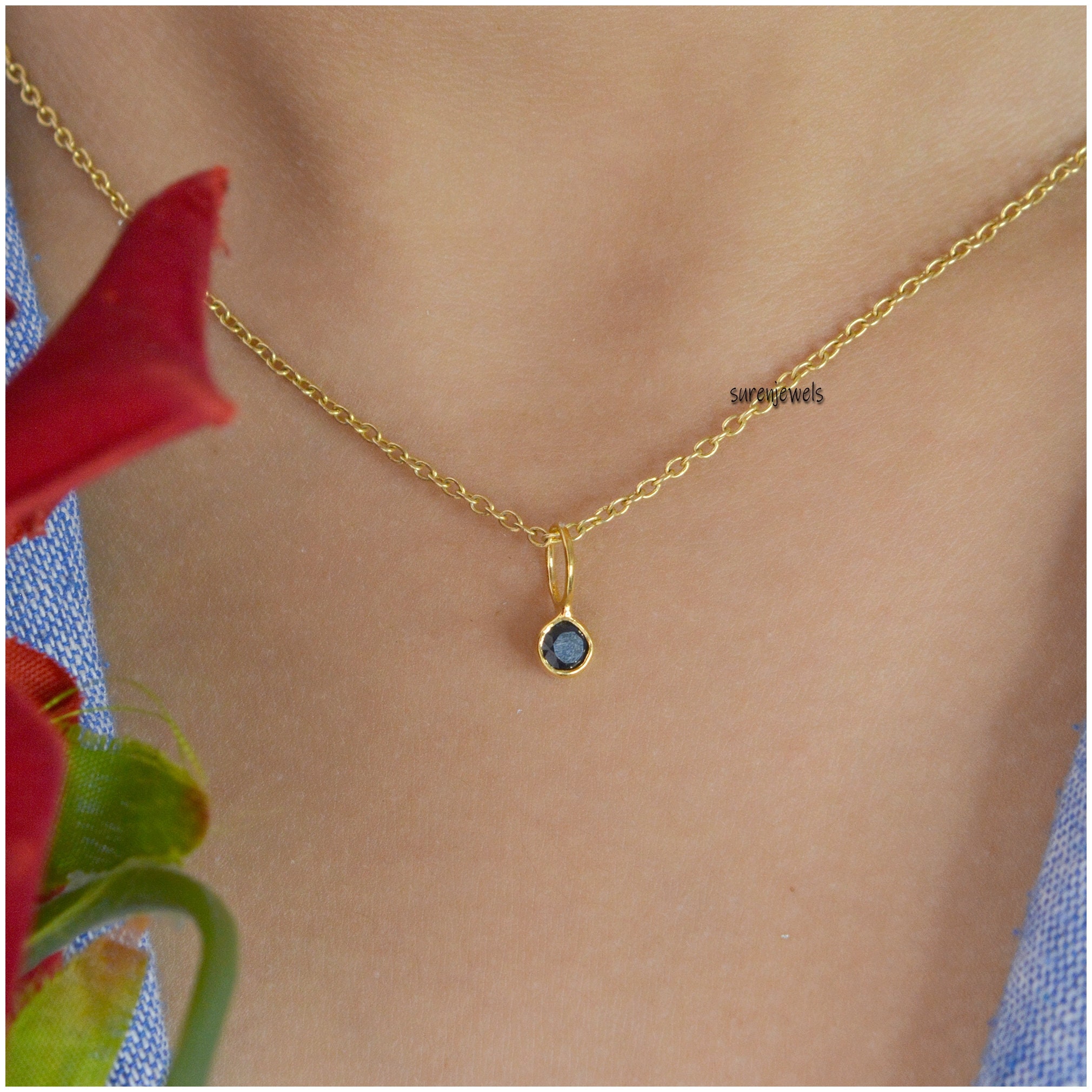 14k Gold Plated Birthstone Pendant: Mini Gemstone Drop Charm - View 5 - Suren Jewels | SKU: SJP468-SLYGSTM
