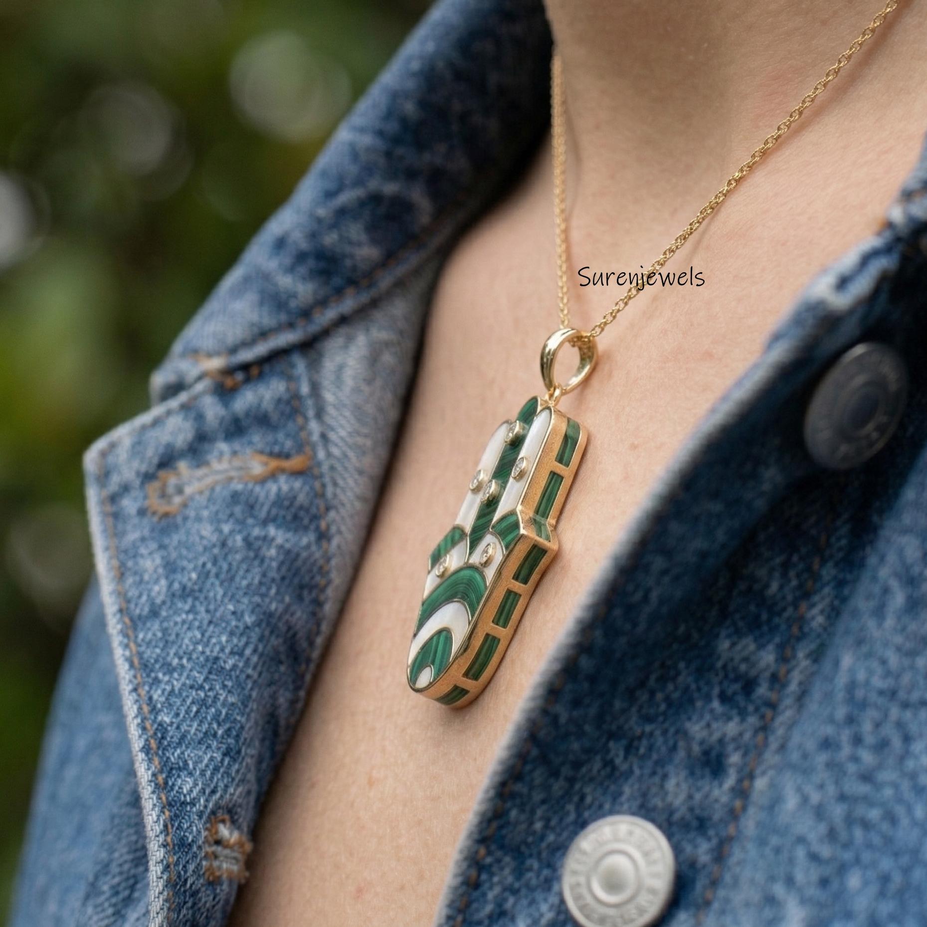 14k Gold Carved Gemstone Fatima figa hand Pendant Jewelry - View 2 - Suren Jewels | SKU: SJP