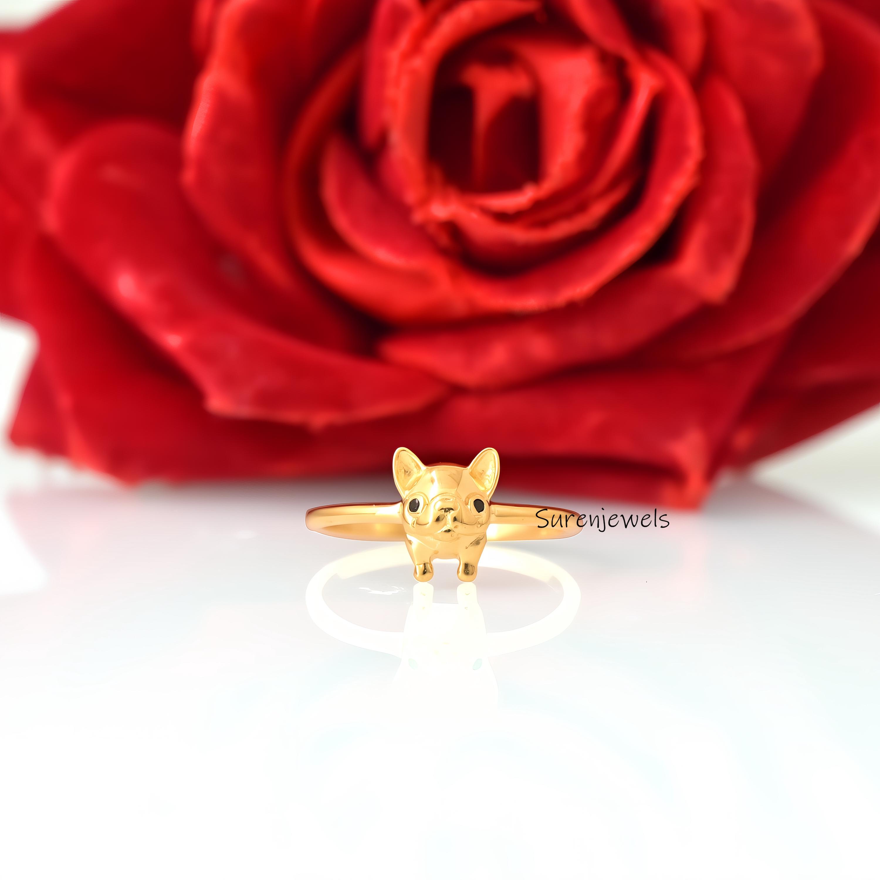 14k Gold Bulldog Ring: Delicate Animal Jewelry - View 3 - Suren Jewels | SKU: SJR,SJR3109-SLYGBKCZ-US-8
