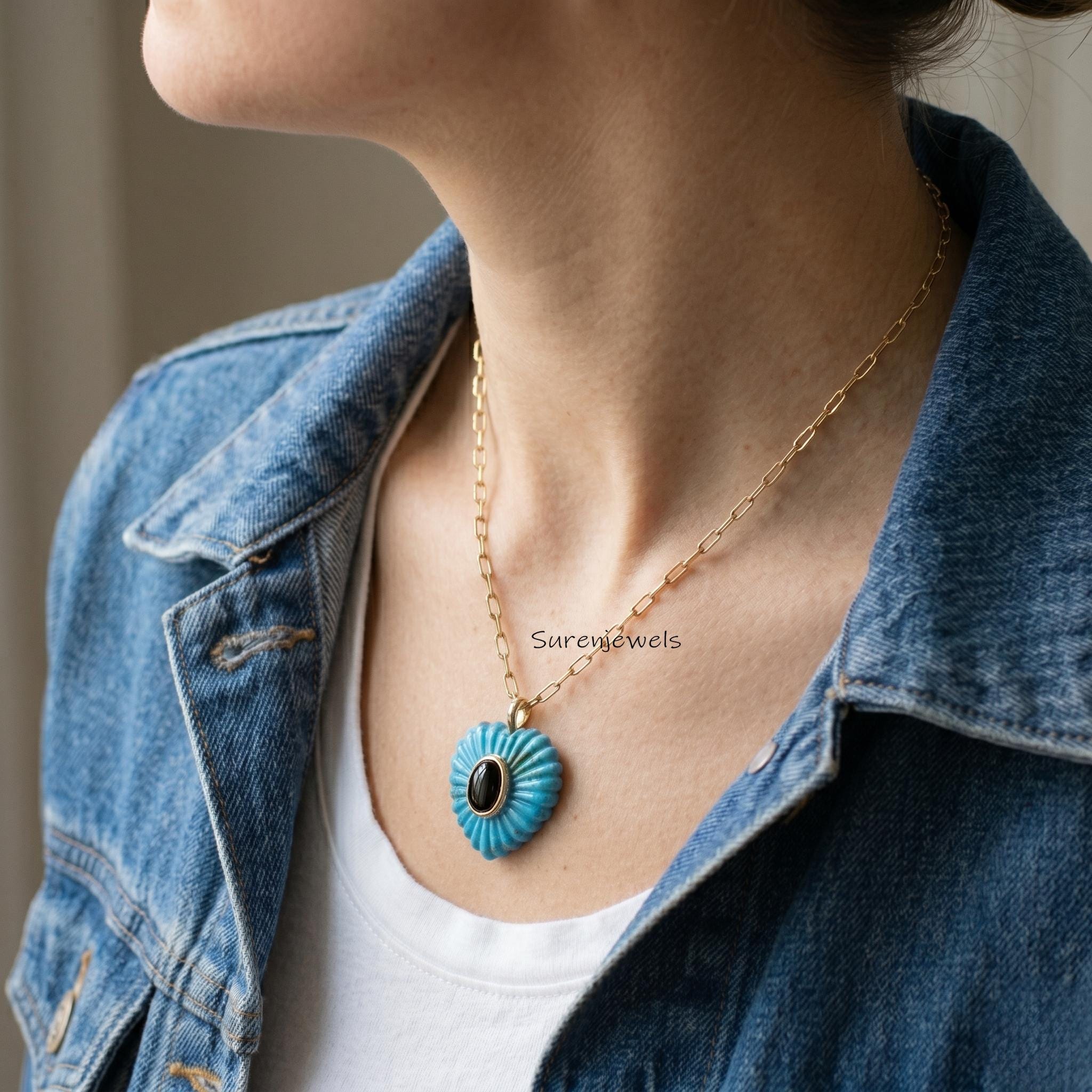 14K Gold Gemstone Fluted Heart Pendant: Designer Gemstone Heart Pendant, carved Gemstone Heart Pendant, Handmade Gemstone Hea