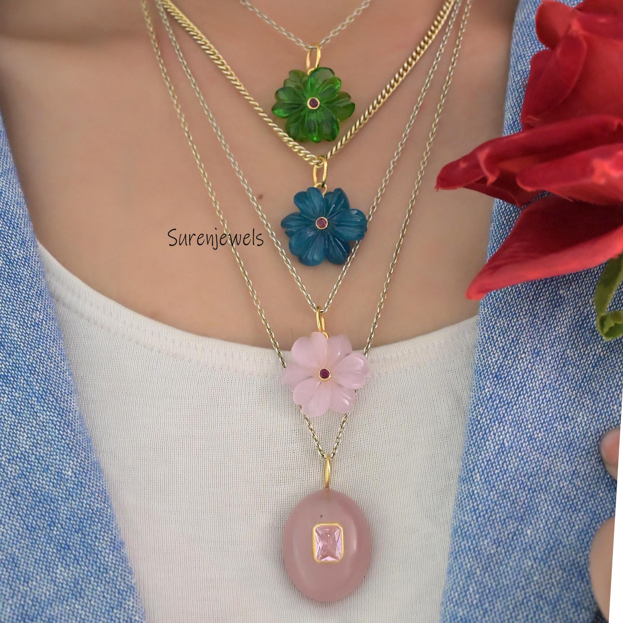 Hand Carved Gemstone Flower Pendant: Handmade Designer Charm - View 4 - Suren Jewels | SKU: SJP4581-SLYGGQRUCZ-30M