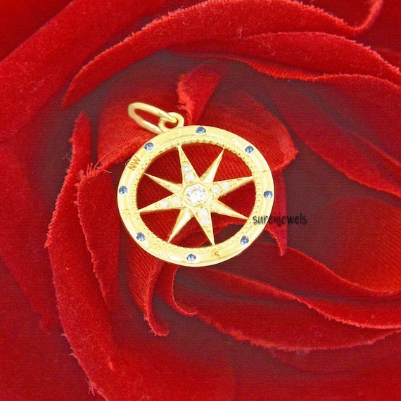 925 Silver Diamond Compass Pendant: Moissanite & Sapphire