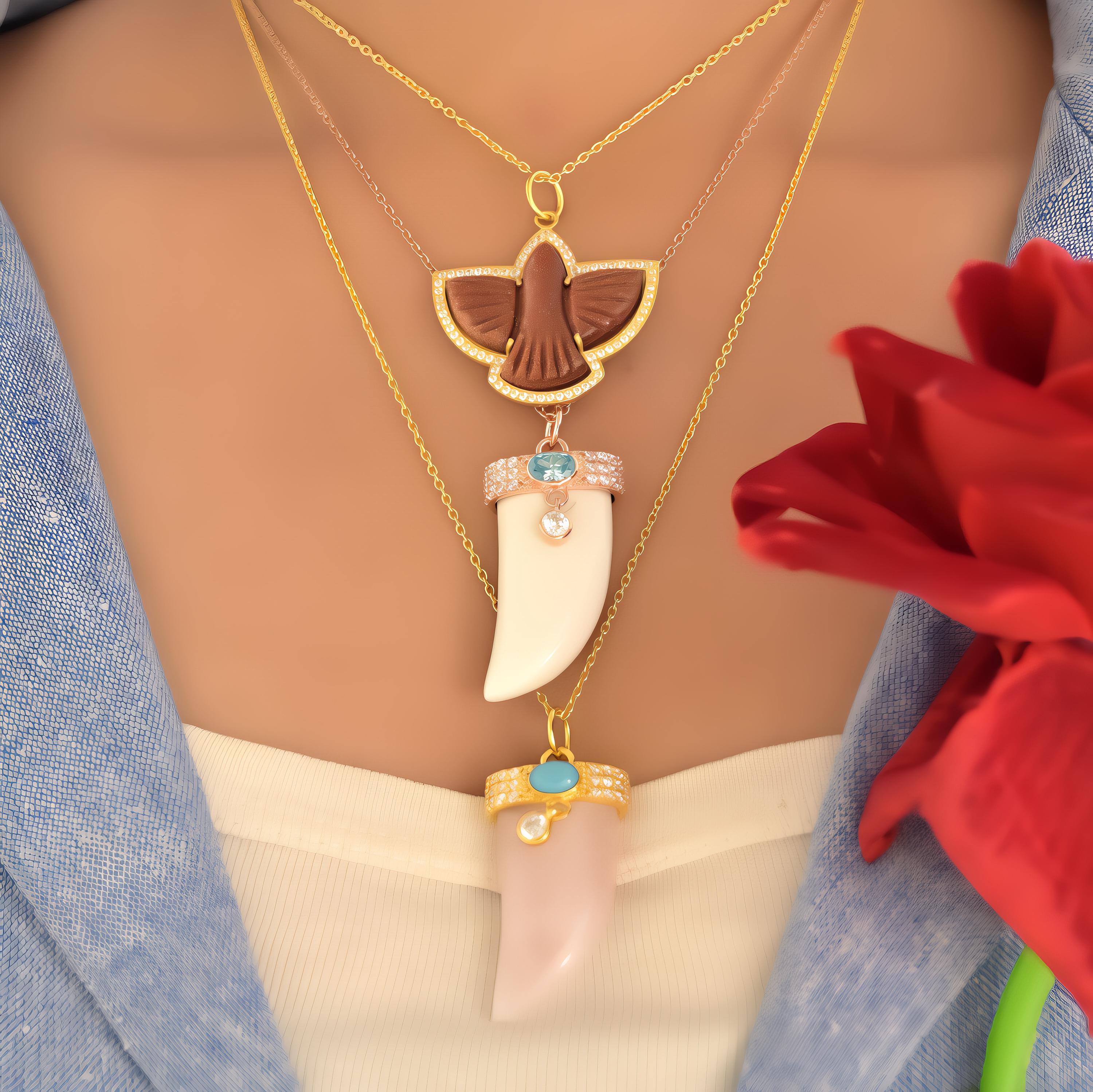14K Gold Gemstone Horn Pendant: Tibetan Buffalo Horn, Turquoise & CZ - View 6 - Suren Jewels | SKU: SJP4776-SLYGTQCZ-40M