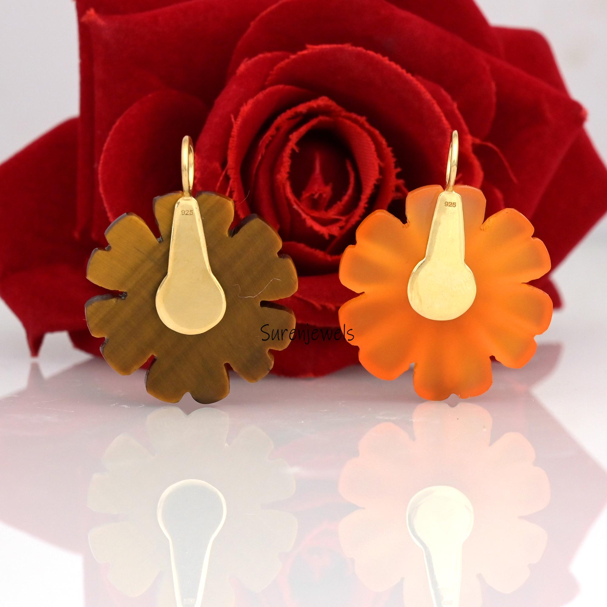 Hand Carved Gemstone Flower Pendant: 925 Silver - View 3 - Suren Jewels | SKU: SJP3519-SLYGOCNTQ-25M
