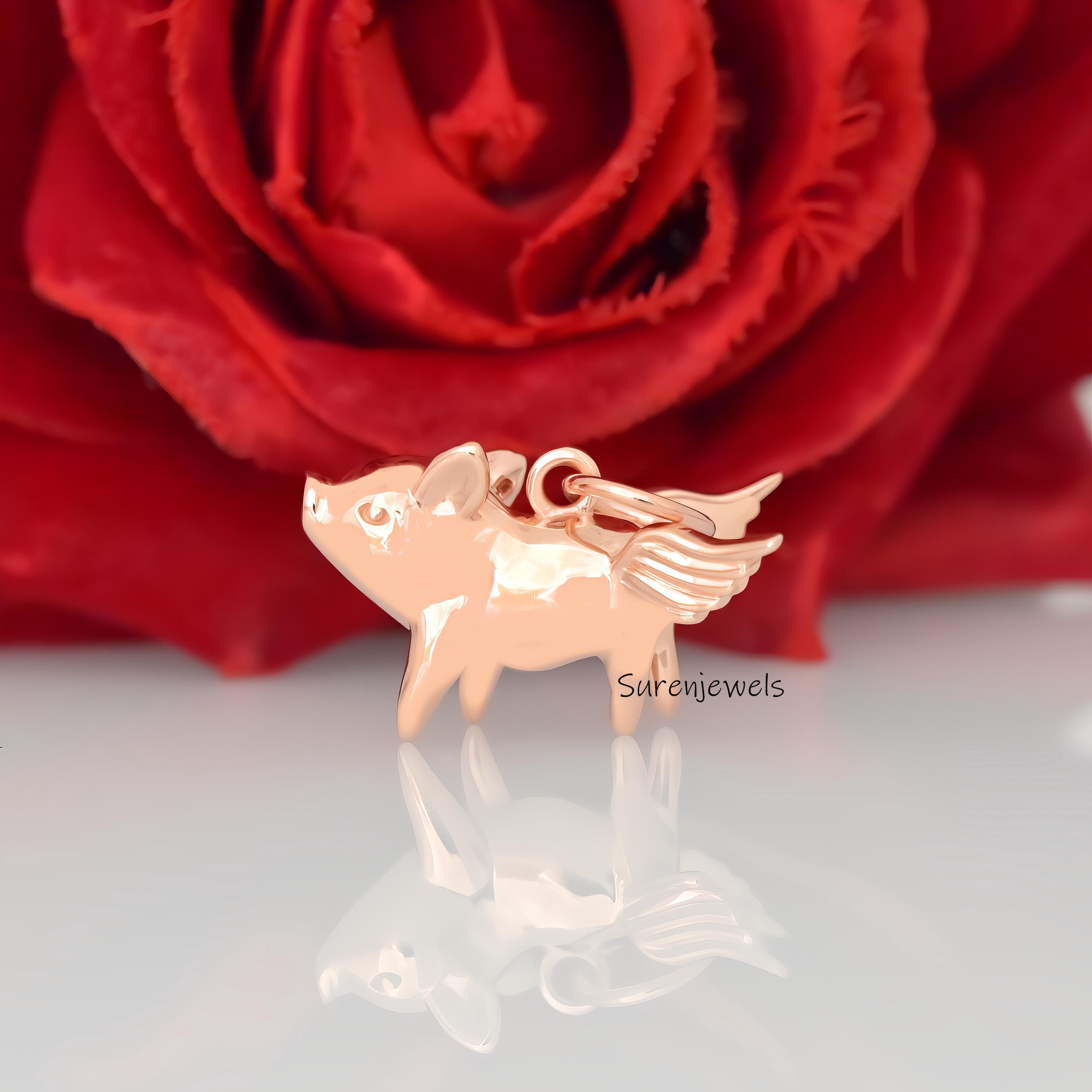 14k Gold Flying Pig Pendant: Solid Gold Animal Jewelry - View 3 - Suren Jewels | SKU: SJP4613-SLWG-20M