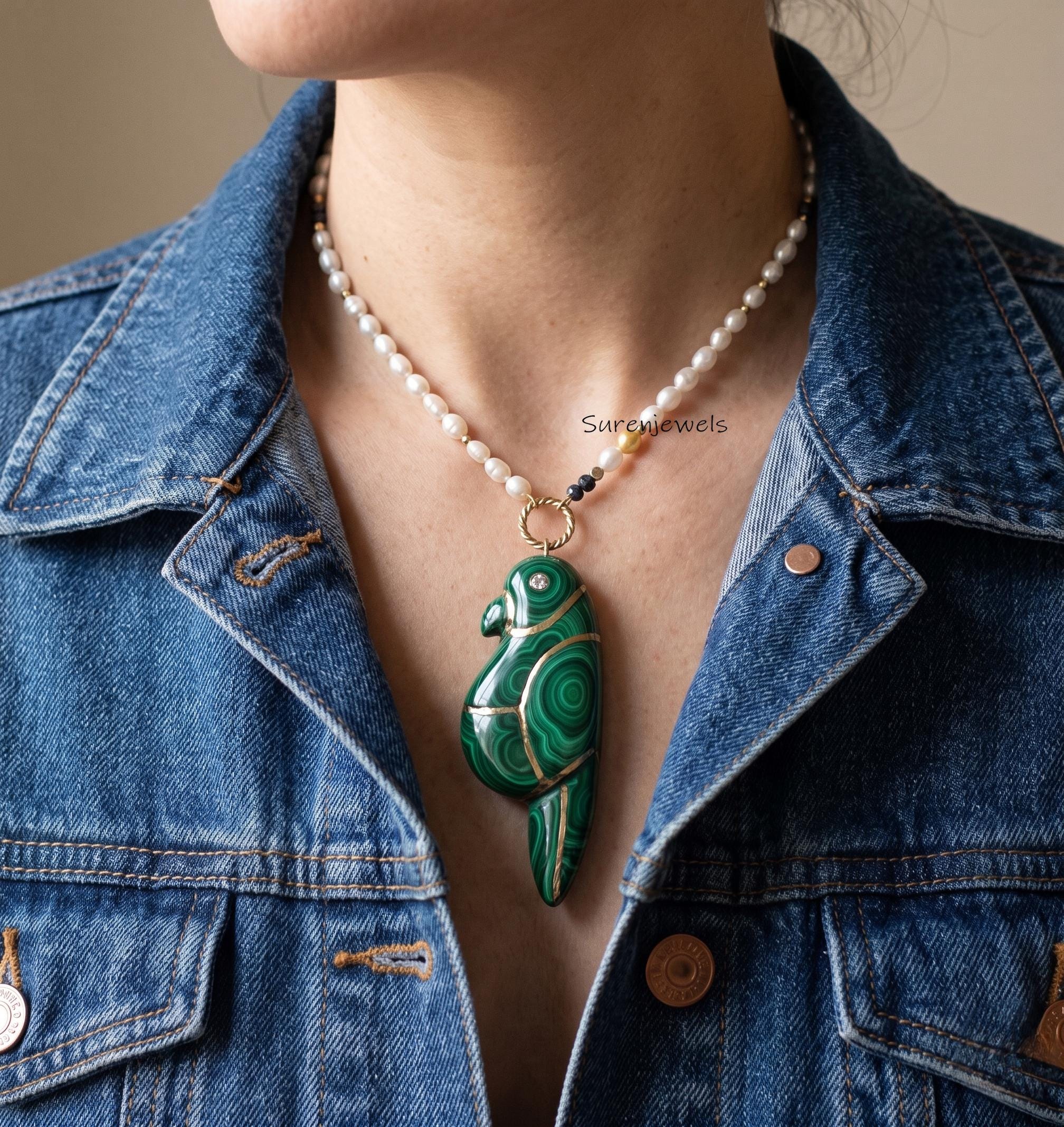 14k Gold Gemstone Parrot Pendant, hand Carved Animal Jewelry - View 6 - Suren Jewels | SKU: SJP