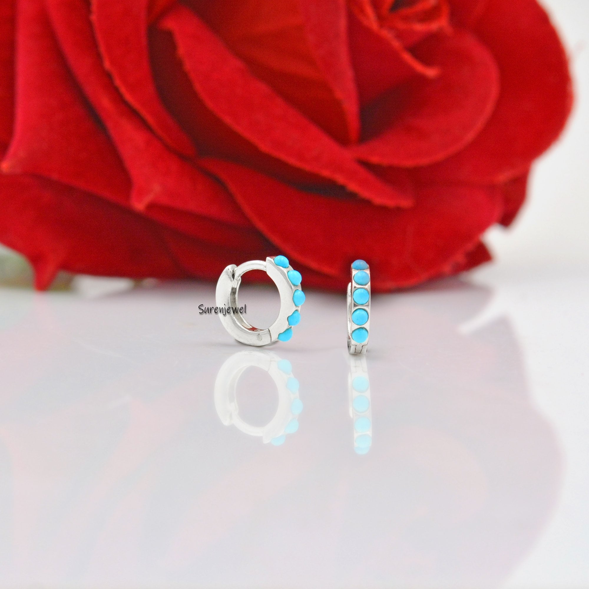 14k Solid Gold Turquoise Huggie Earrings - 10mm - View 6 - Suren Jewels | SKU: SJE933-SLNSTQ-10M