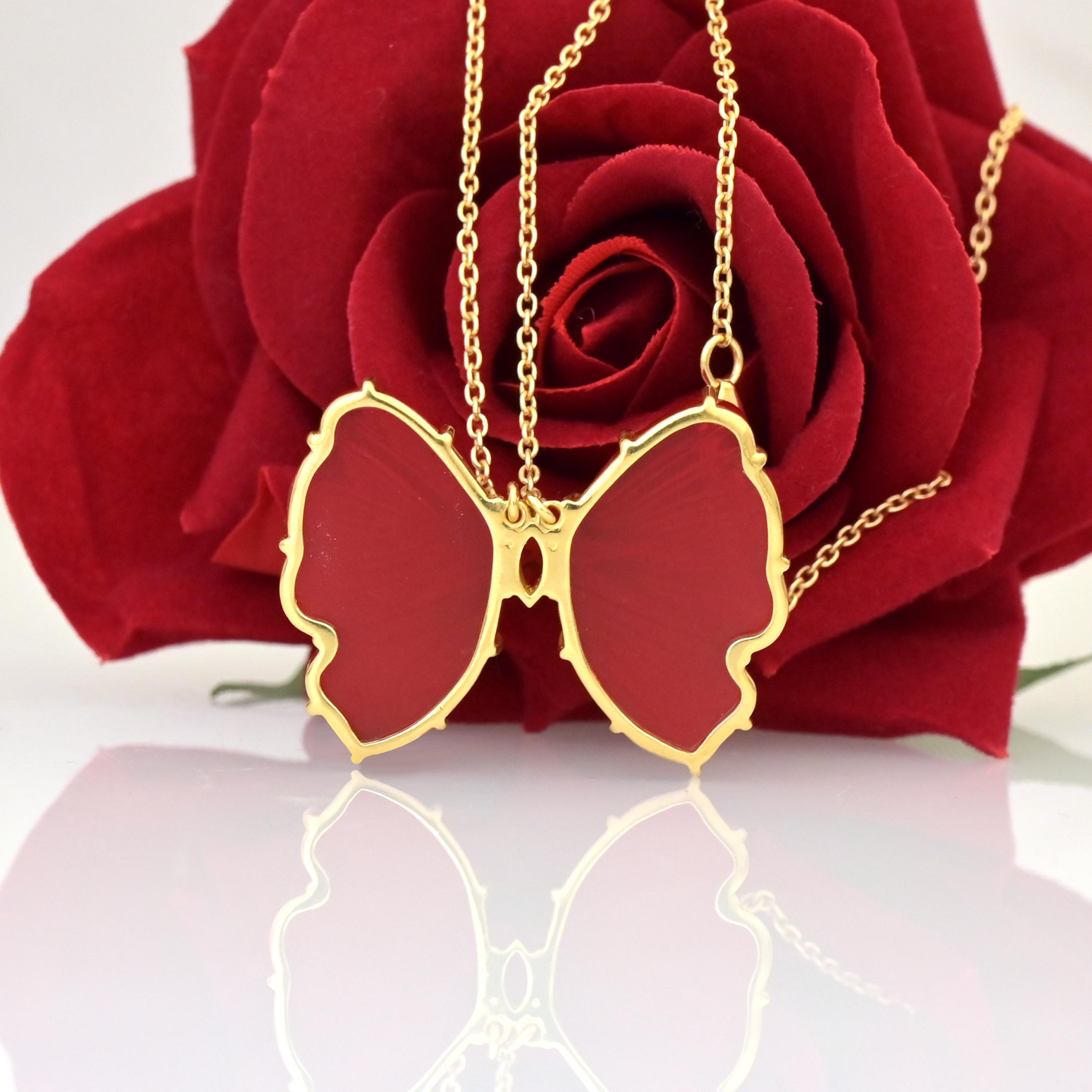 14K Gold Butterfly Charm Necklace: Handmade Carved Gemstone Pendant - View 5 - Suren Jewels | SKU: SJN1949