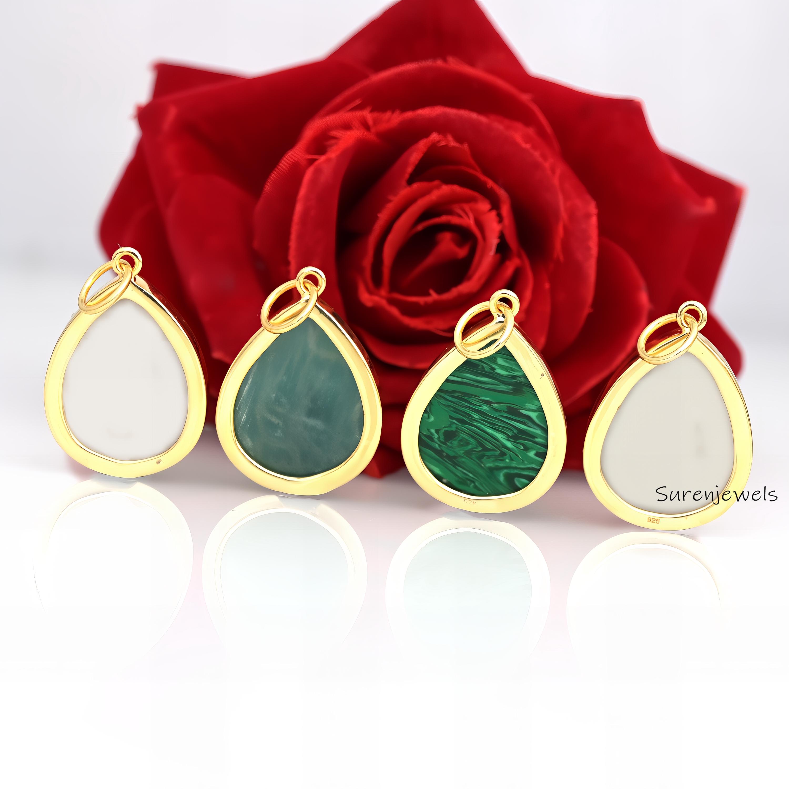 14K Gold Malachite Teardrop Pendant: Designer Gemstone Drop - View 2 - Suren Jewels | SKU: SJP1574-SLYGAMCZ