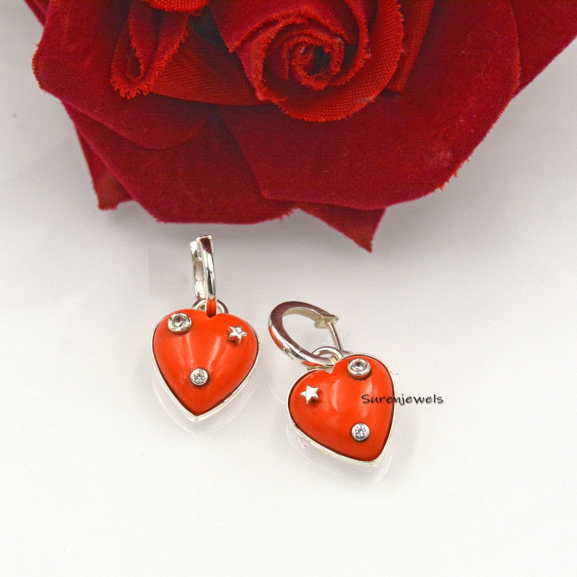 Turquoise Heart Dangle Earrings: 925 Silver Hook Earrings - View 3 - Suren Jewels | SKU: SJE1052