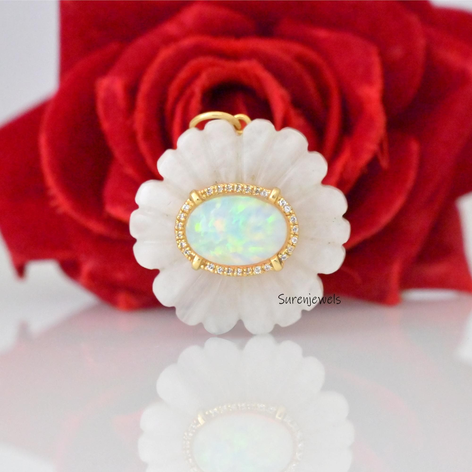 14K Gold Opal Flower Pendant: Carved Gemstone Blossom - Suren Jewels | SKU: SJP4827-SLRGPOPEOPWCZ