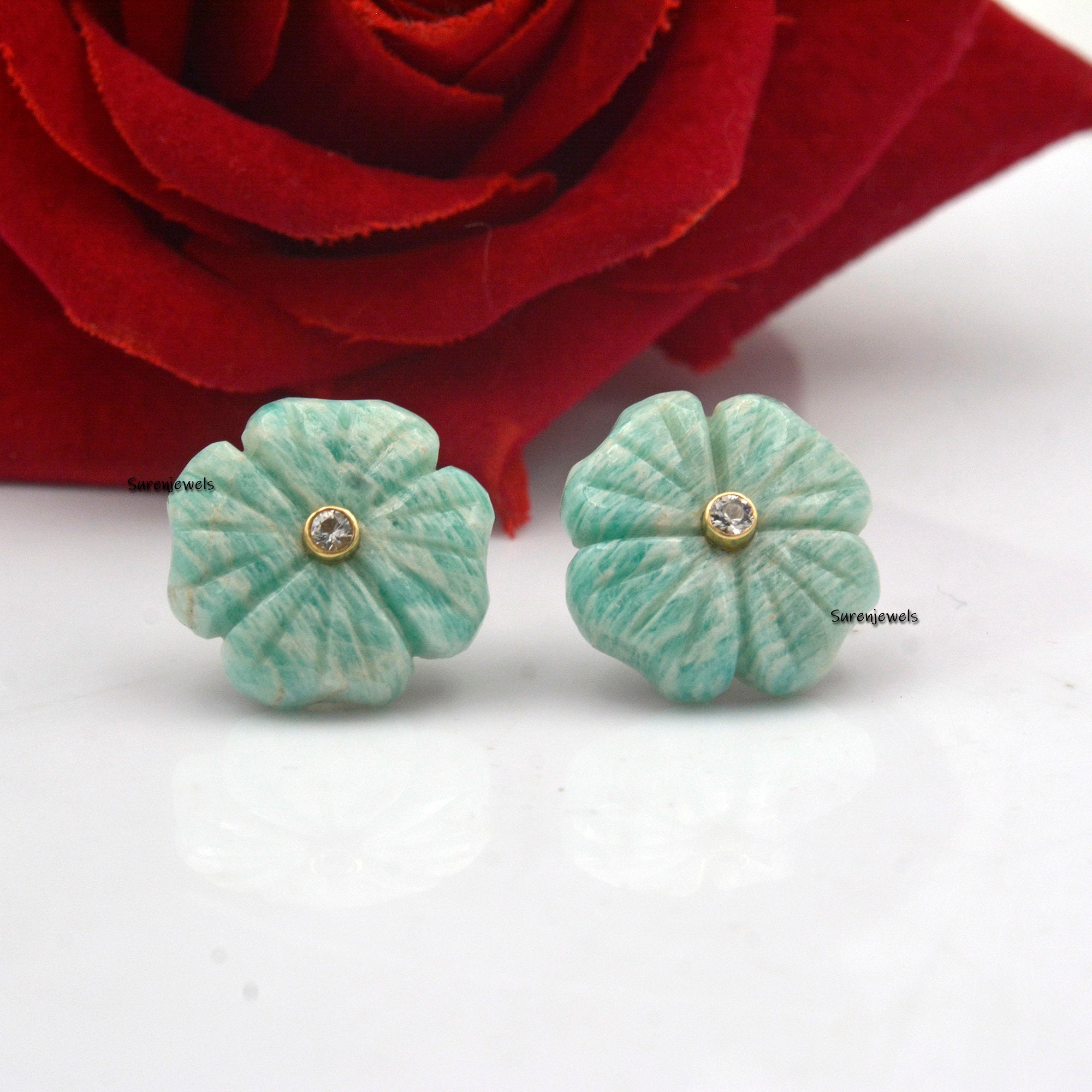 Carved Lapis Lazuli Flower Stud Earrings: Vintage Gemstone Dangle - View 3 - Suren Jewels | SKU: SJE963-14KYGAZWT-20M